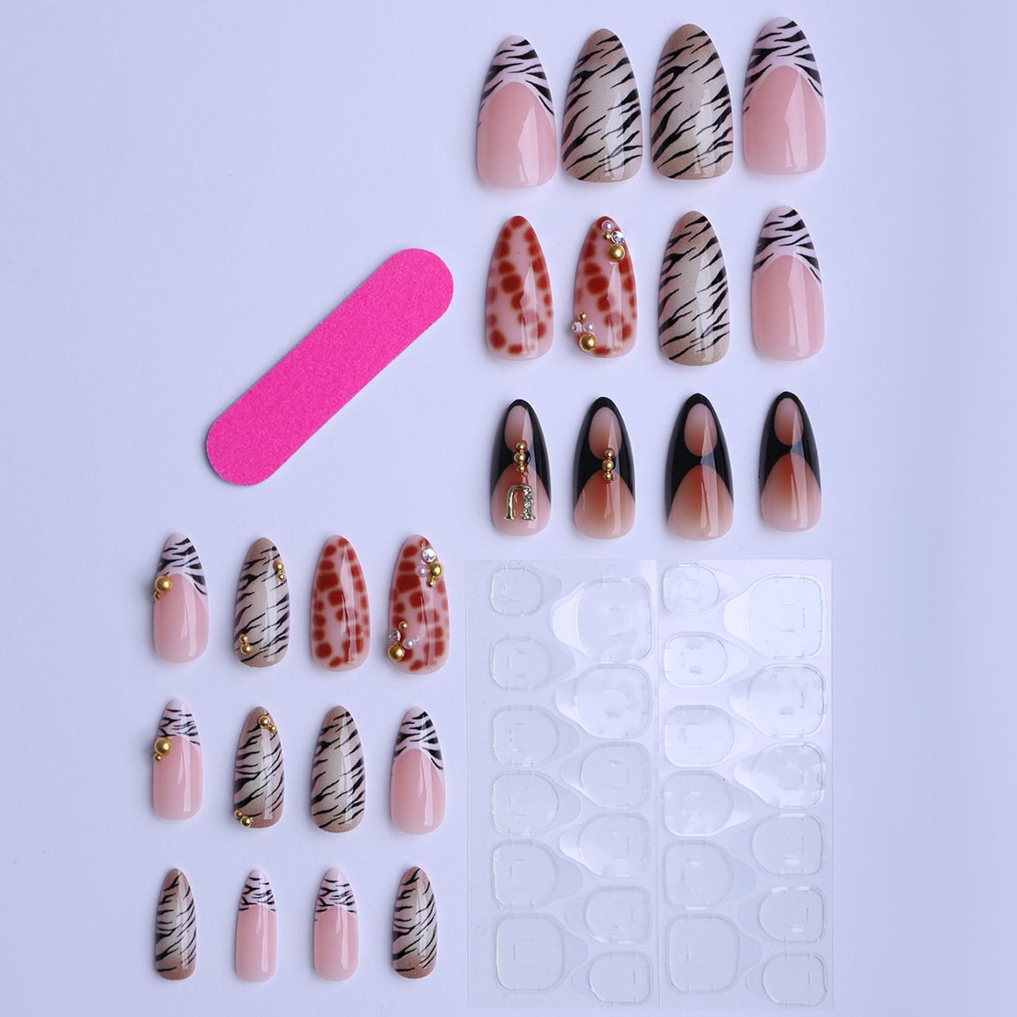 Medium Almond Press on Nails Brown Leopard Stick on Nail for Women 24pcs