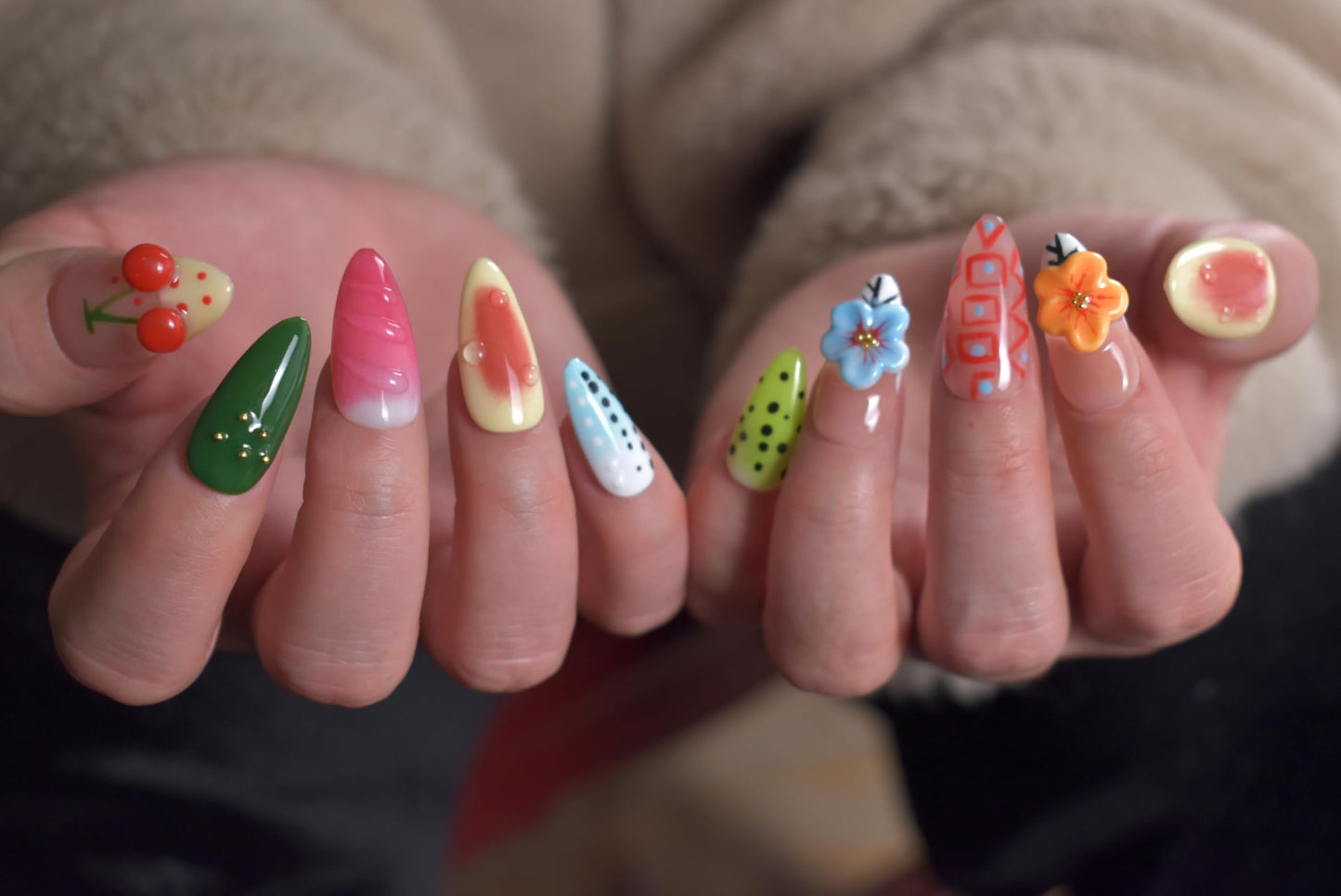 LIFOOST Handmade Press On Nails Almond 3D Hand Painted Flower Fake Nails with Cherry Droplet Designs Reusable Stick On Kit