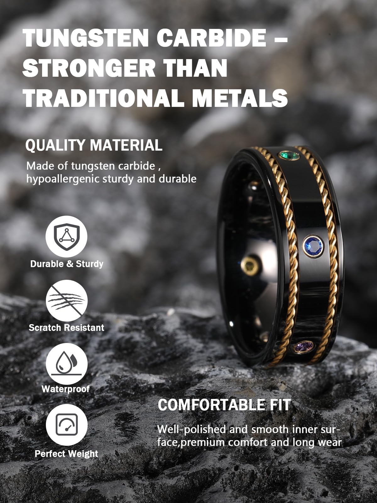 NUNCAD Wedding Gift for Men 8mm Black Tungsten Carbide Ring with Color Cubic Zirconia, Scratch Resistant Comfort Fit Anniversary Band, Durable gifts for men