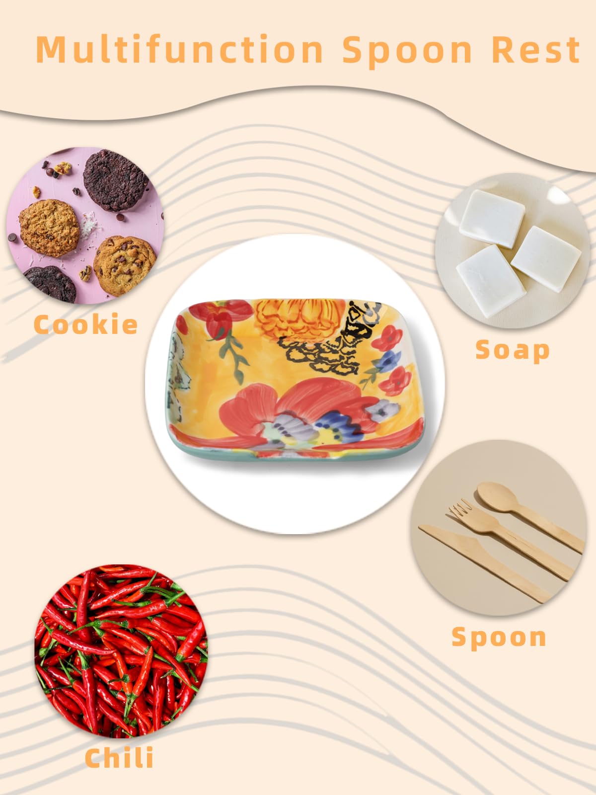 Colorful Hand Painted Spoon Rest 4.75 Inches Ceramic Spoon Holder for Kitchen Counter Stove Top, Dishwasher Safe, Multicolor