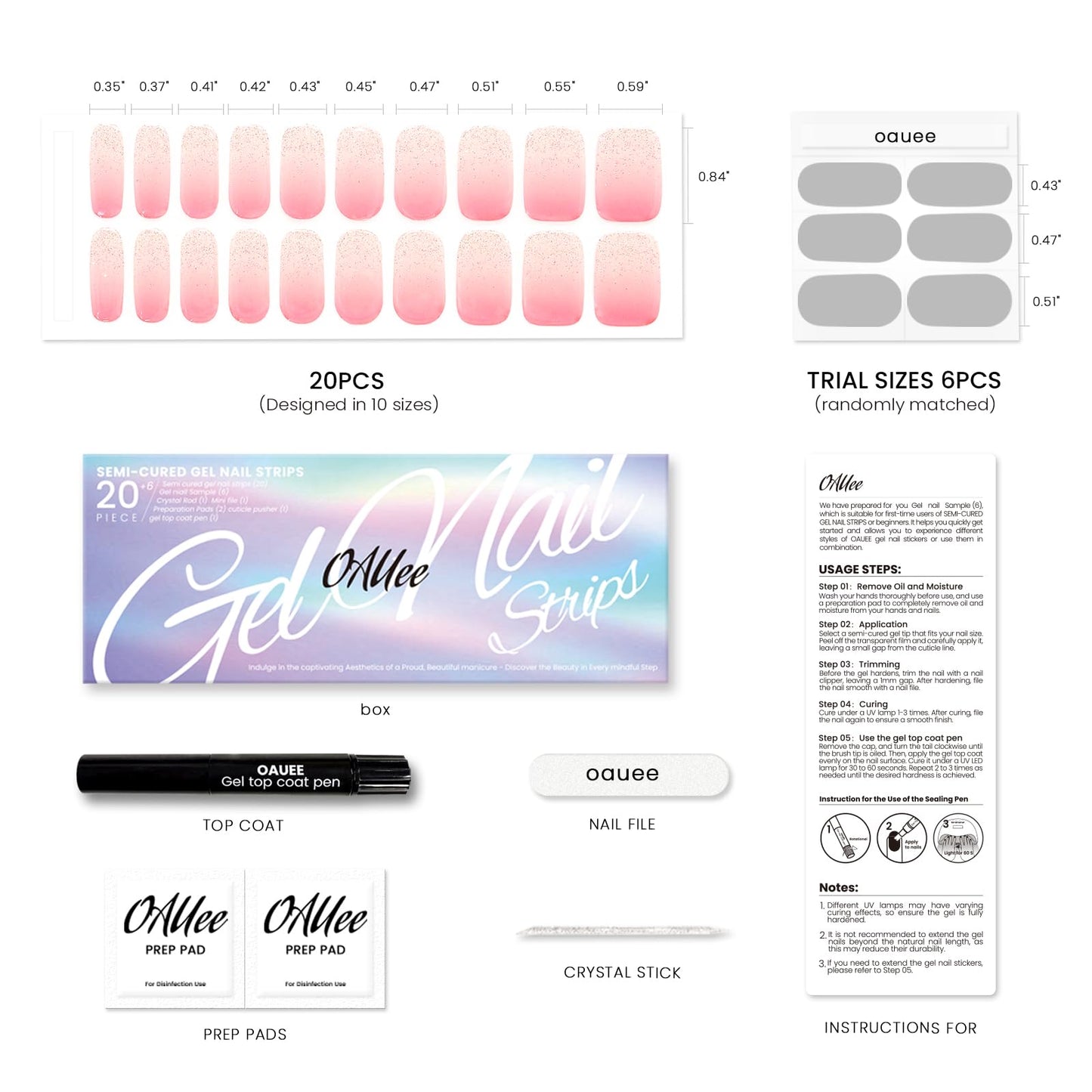 Oauee Semi Cured Gel Nail Strips | Built-In Gel Top Coat | UV Light Required | Salon Quality, Easy Application And Removal (Pink Shimmer Ombre)