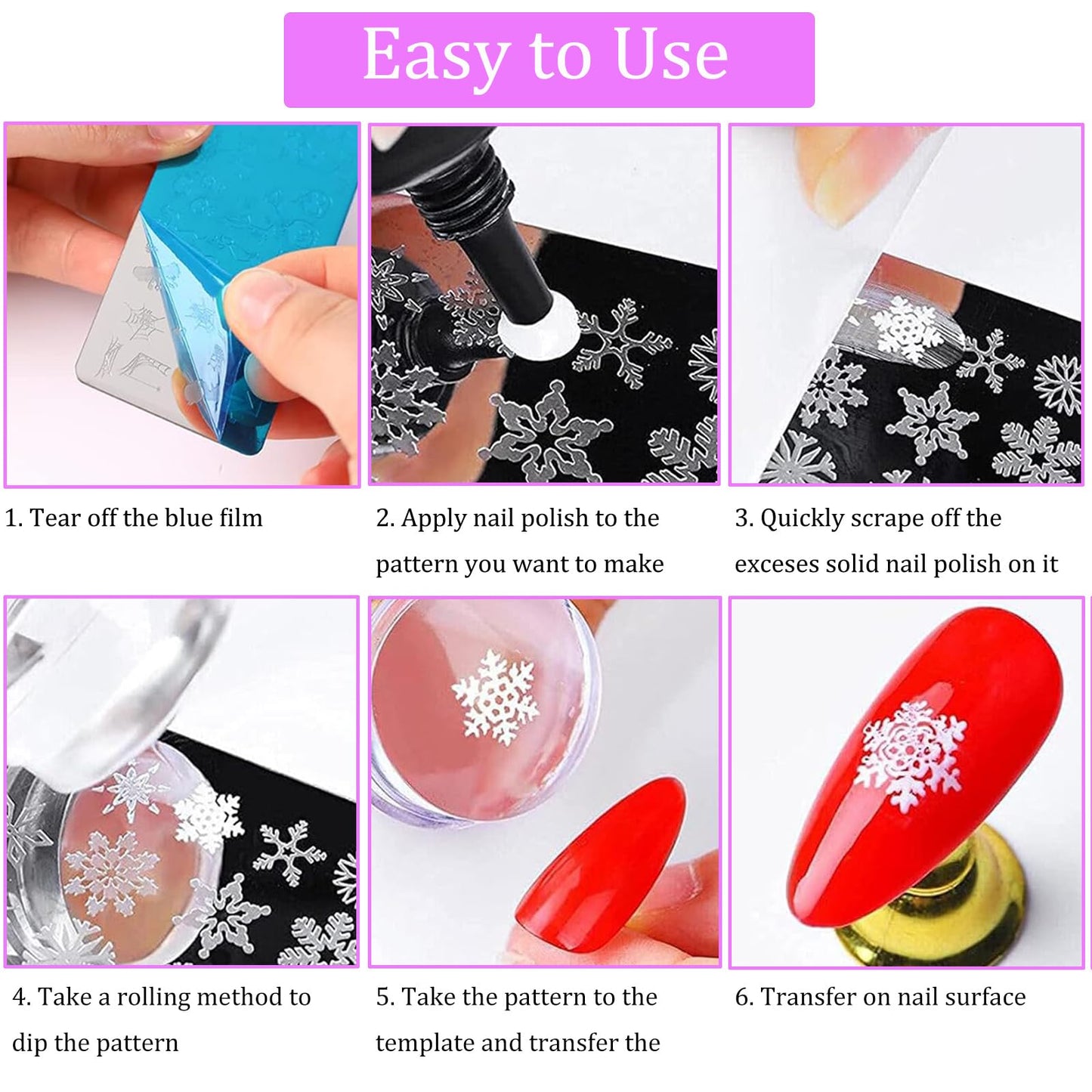 Nail Stamper Plate Kit, 4x Nail Stamping Plates +Dual-end Silicone Nail Art Stamper +Scraper, Snowflake & Spring Butterfly Flowers &Leopard Snake & Kiss Heart, DIY Design Manicure Salon Home, BlueZOO