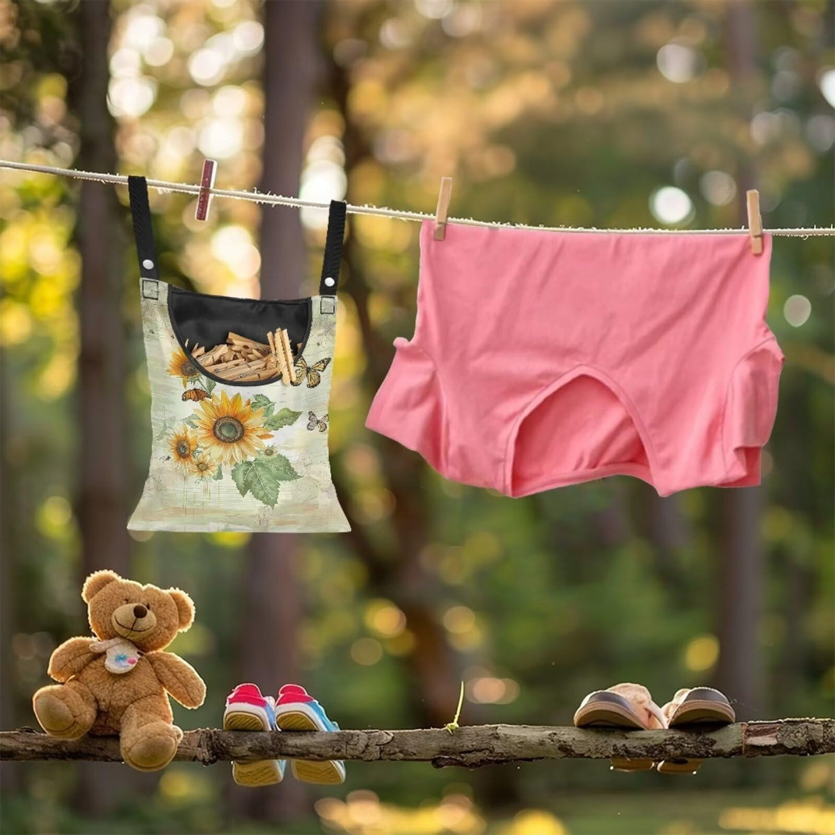 Sunflowers Butterfly Clothespin Bag for Clothesline Outdoor Storage with Hanger Hook
