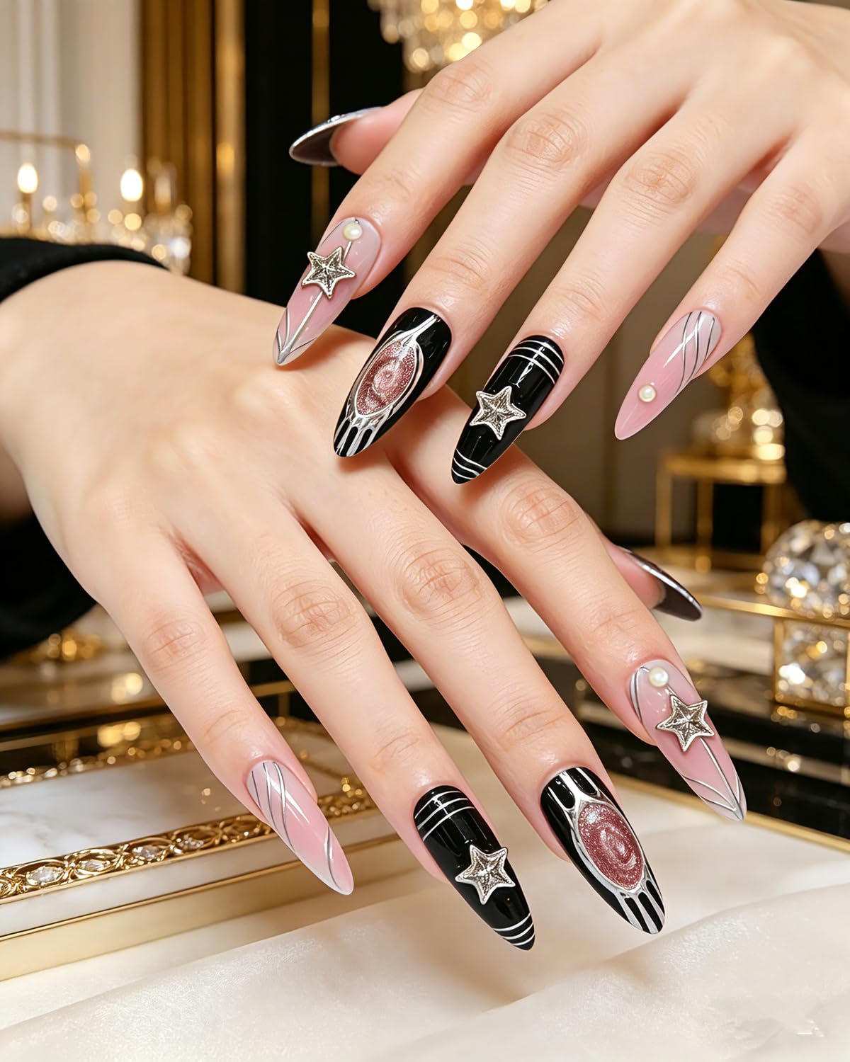CAMILCY Luxury Handmade Press on Nails Y2K Pink Black Nails Long Stiletto Handmade Chrome Star 3D Design Glossy Acrylic Fake Nails Goth Reusable Stick on Nails for Women 10pcs(A045, S)