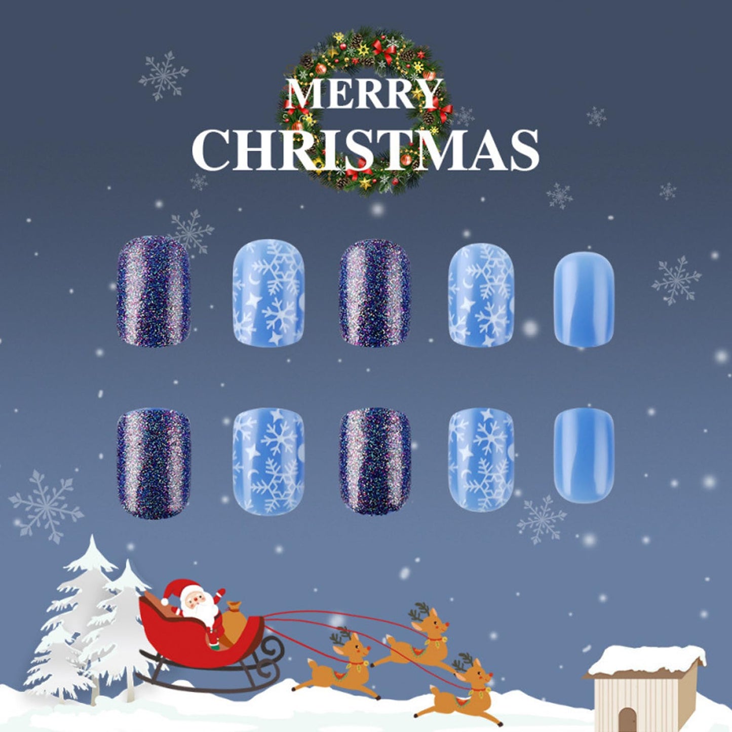 IMRAIN Short Square Press on Nails Blue White Fake Nails with Snowflakes Designs Gel Glue on Nails Glossy Xmas Acrylic False Nails Winter Stick on Fingernails for Women