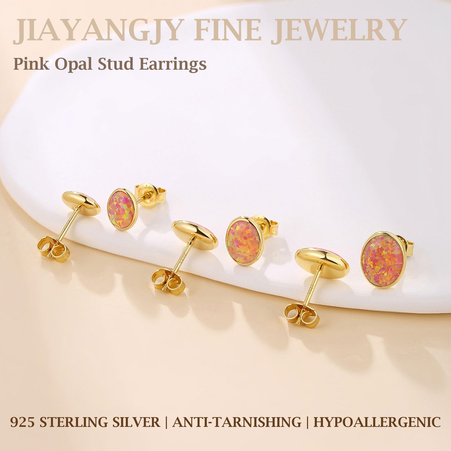 JiayangJY Silver Red Fire Opal Stud Earrings for Women 18K Yellow Gold Plated Sterling Silver Oval Shape 6mm Opal Earrings with Push Back