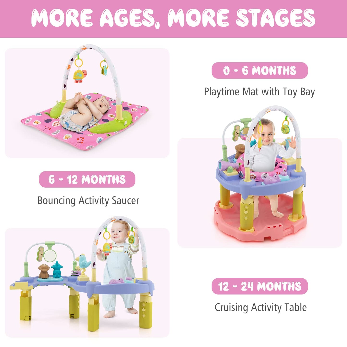 BABY JOY Baby Bouncer Activity Center, 3 in 1 Activity Center & Table | Infant Play Mat, Bouncing Activity Saucer w/Music, 3 Adjustable Height, 360° Seat for Babies 0-24 Months (Pink)