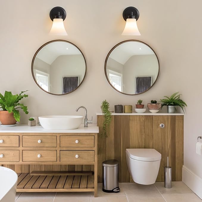 LOUSACE 2 Pack 1-Light Bathroom Vanity Lights Black Vintage Bathroom Lighting Fixtures with Opal White Glass, Set of 2 Single Vanity Wall Sconces for Side Mirror Cabinet Stairs Kitchen Living Room