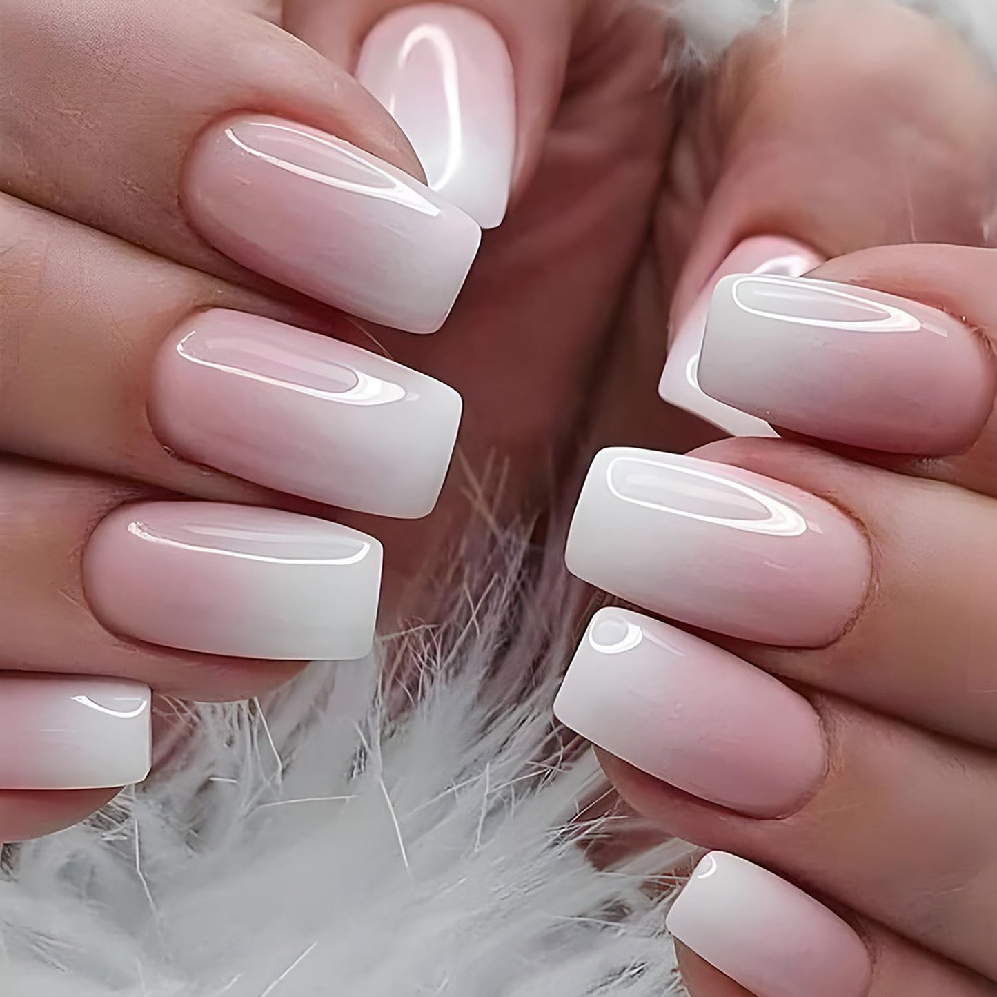 Pink Press on Nails Square Medium 24Pcs Glossy Full Cover Artificial French Tips Fake Nails with Designs Reusable Coffin Acrylic False Nails Glue Stick on Fingernails with Charm for Women