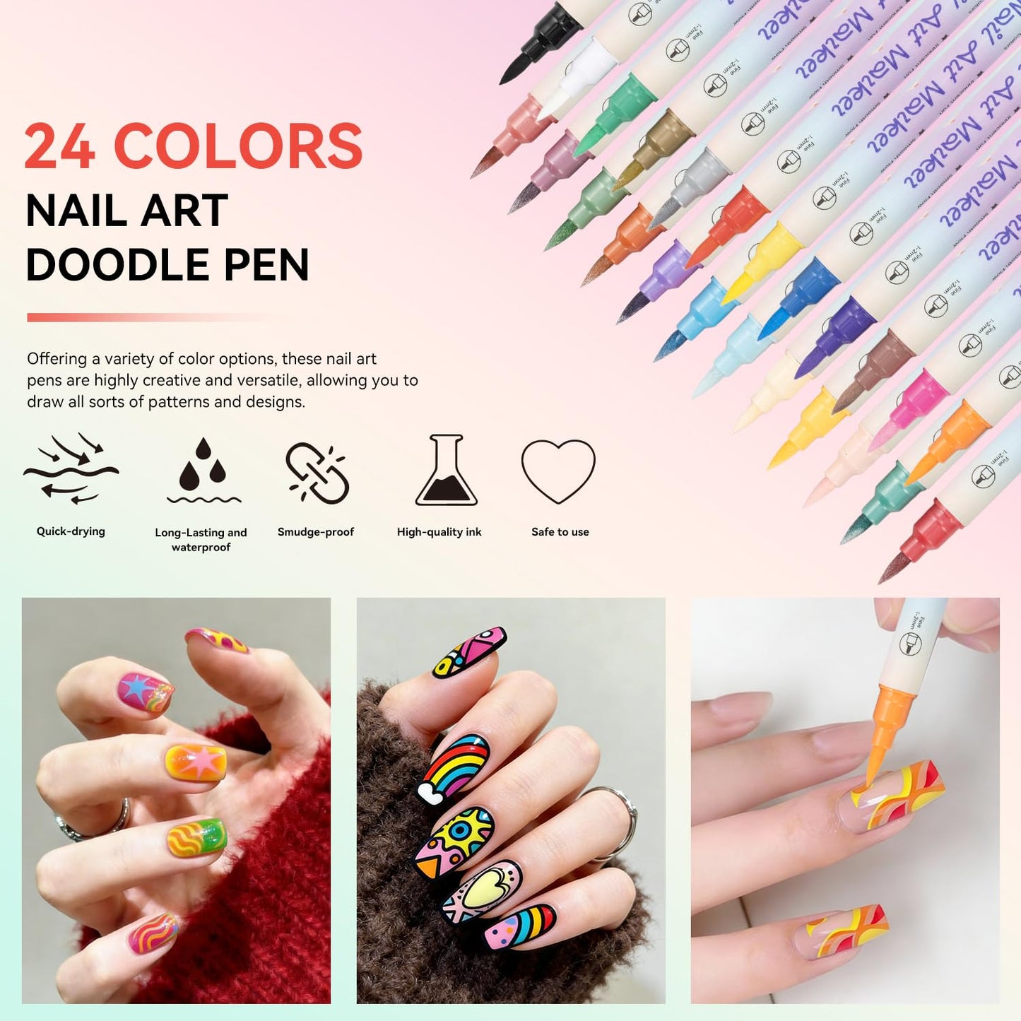 24 Colors Nail Art Pens Set, 3D Nail Polish Pens, Double-ended Nail Markers, Quick-Drying Acrylic Paint Markers, Drawing Painting Dotting Liner for DIY Nail Design, Home & Salon Manicure Tools
