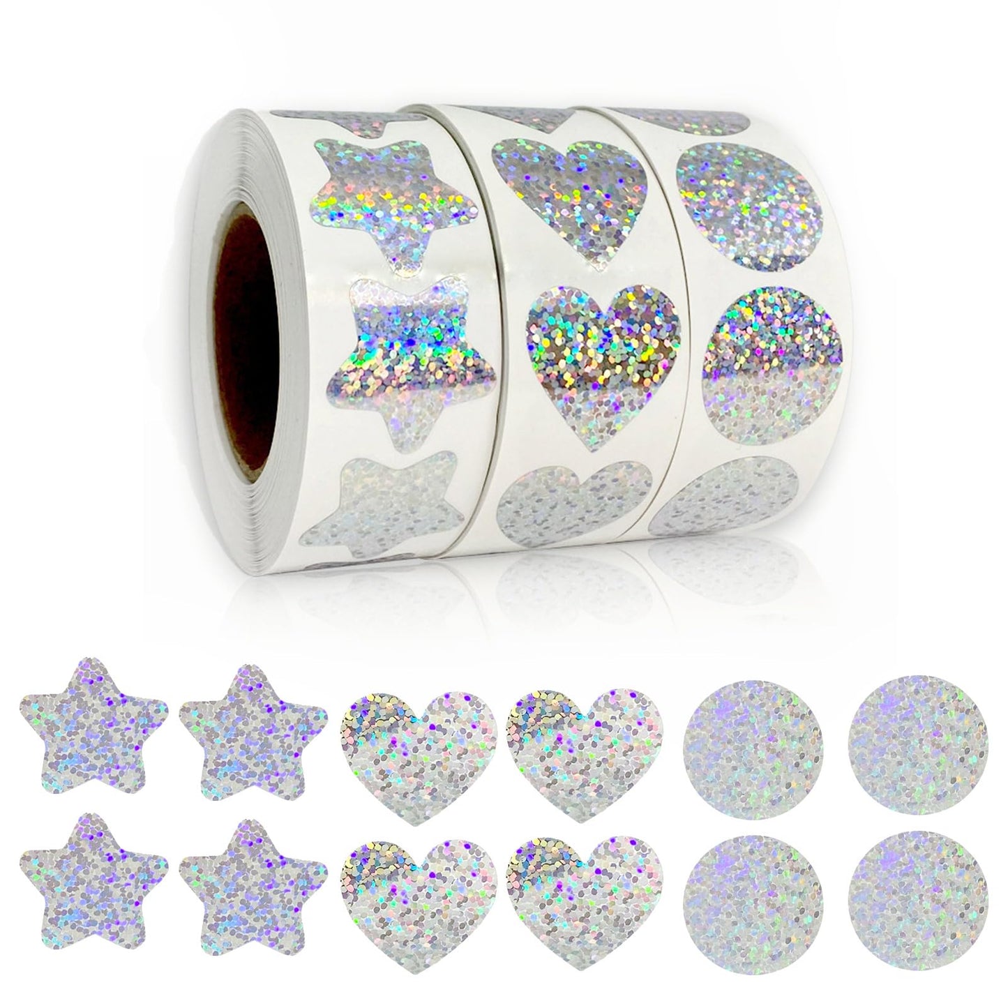 Valentine's Day Holographic Glitter Stickers Roll -1500 Pcs Star/Heart/Circle Shapes, Iridescent Self-Adhesive Decals for DIY Crafts, Scrapbooking, Laptop & Water Bottle Decor