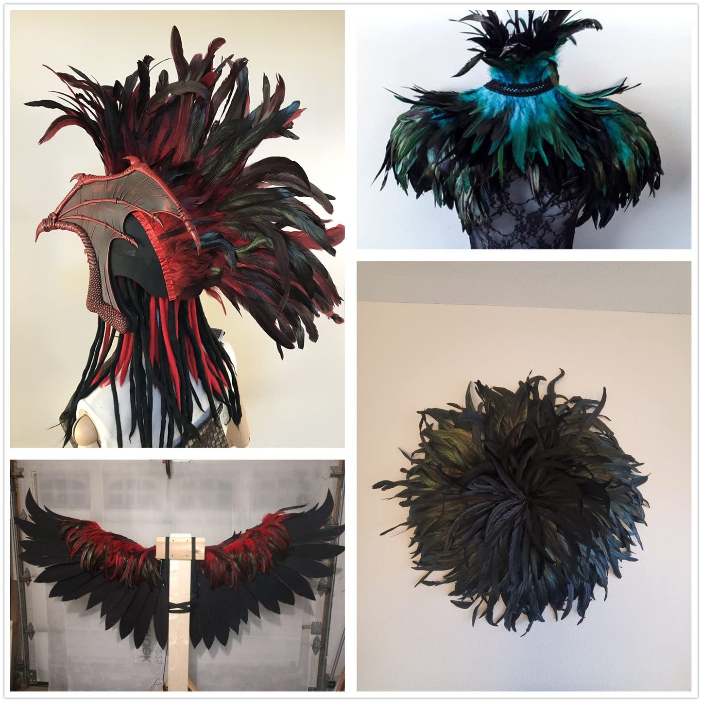 AWAYTR Rooster Hackle Feather Trim 10-12 inches Width for DIY Sewing Crafts Pack of 1 Yard (Red&Black)