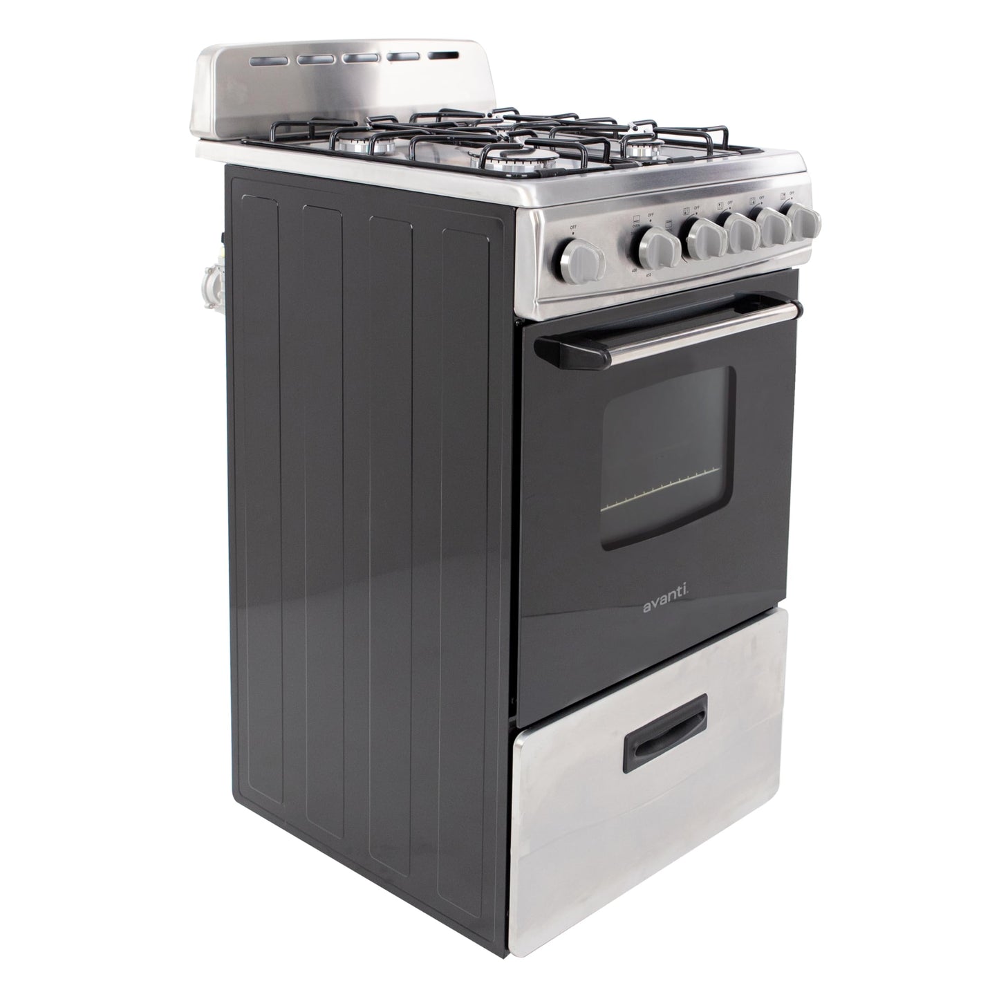 Avanti Gas Range Oven, Compact Freestanding Design, 4 Sealed Burners with Electronic Ignition, 2.1 Cu.Ft. Capacity Features Storage Drawer Broiler and Accessories, 20-Inch, Black
