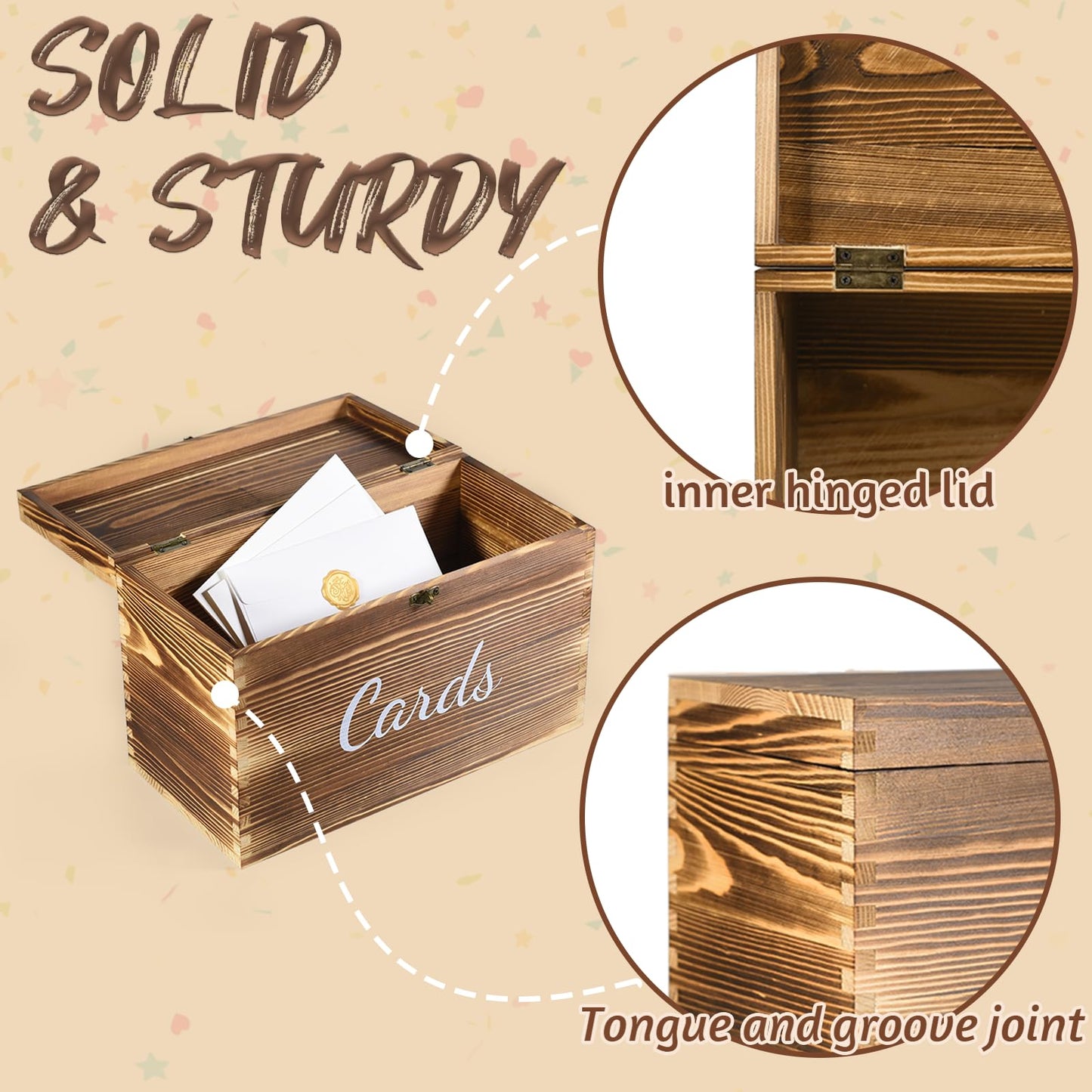 Wongblee Wooden Wedding Card Box with Heart Shape Lock, 5 Chalkboard Label, 1 Erasable Chalk Marker, Rustic Gift Card Holder Box for Birthday, Wedding, Bridal Shower, Baby Shower