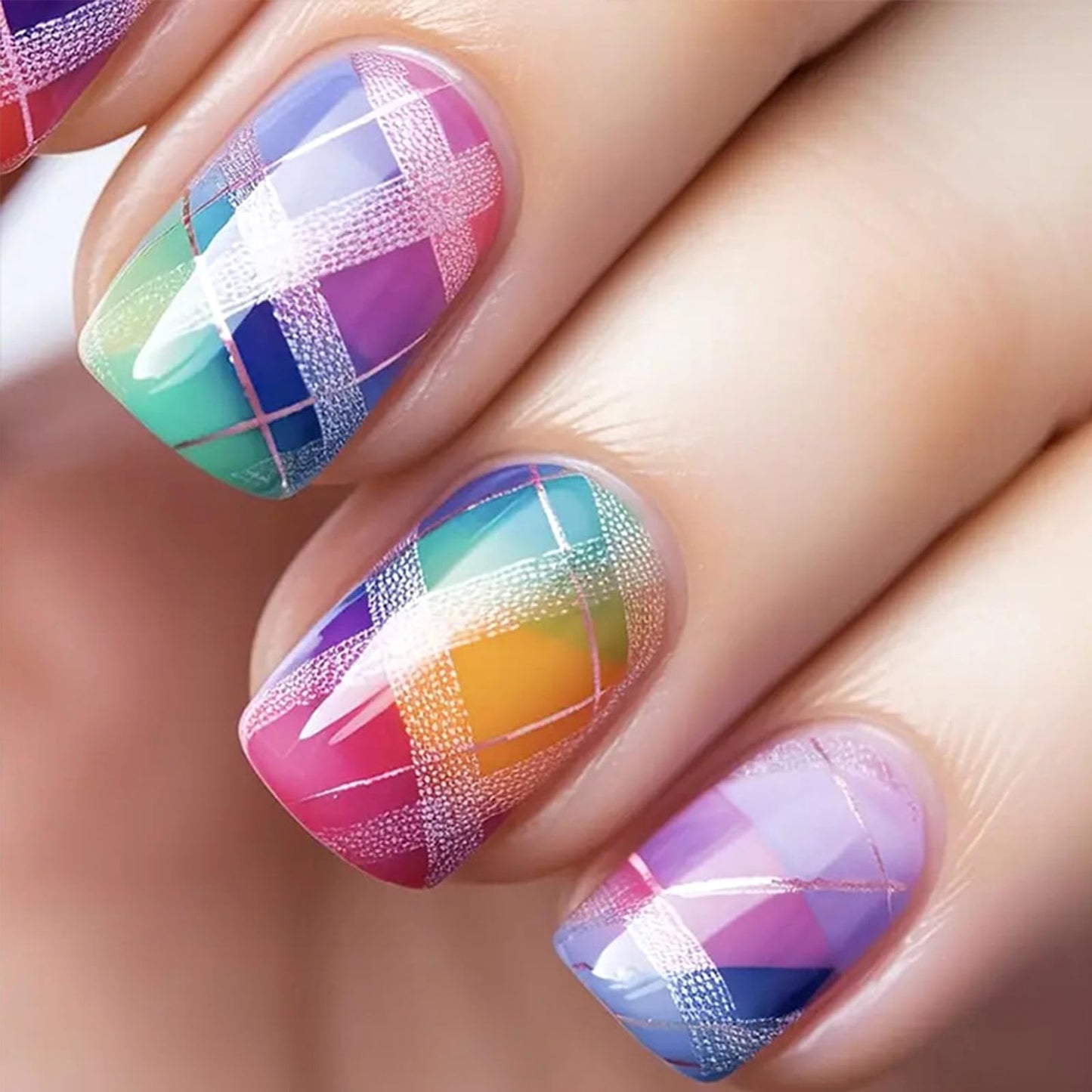 Rainbow Checkered Press on Nails Short Square Gradient Fake Nails with Designs 24Pcs Spring Summer False Nails Press ons Glossy Stick on Nail Reusable Artificial Glue on Nails for Women