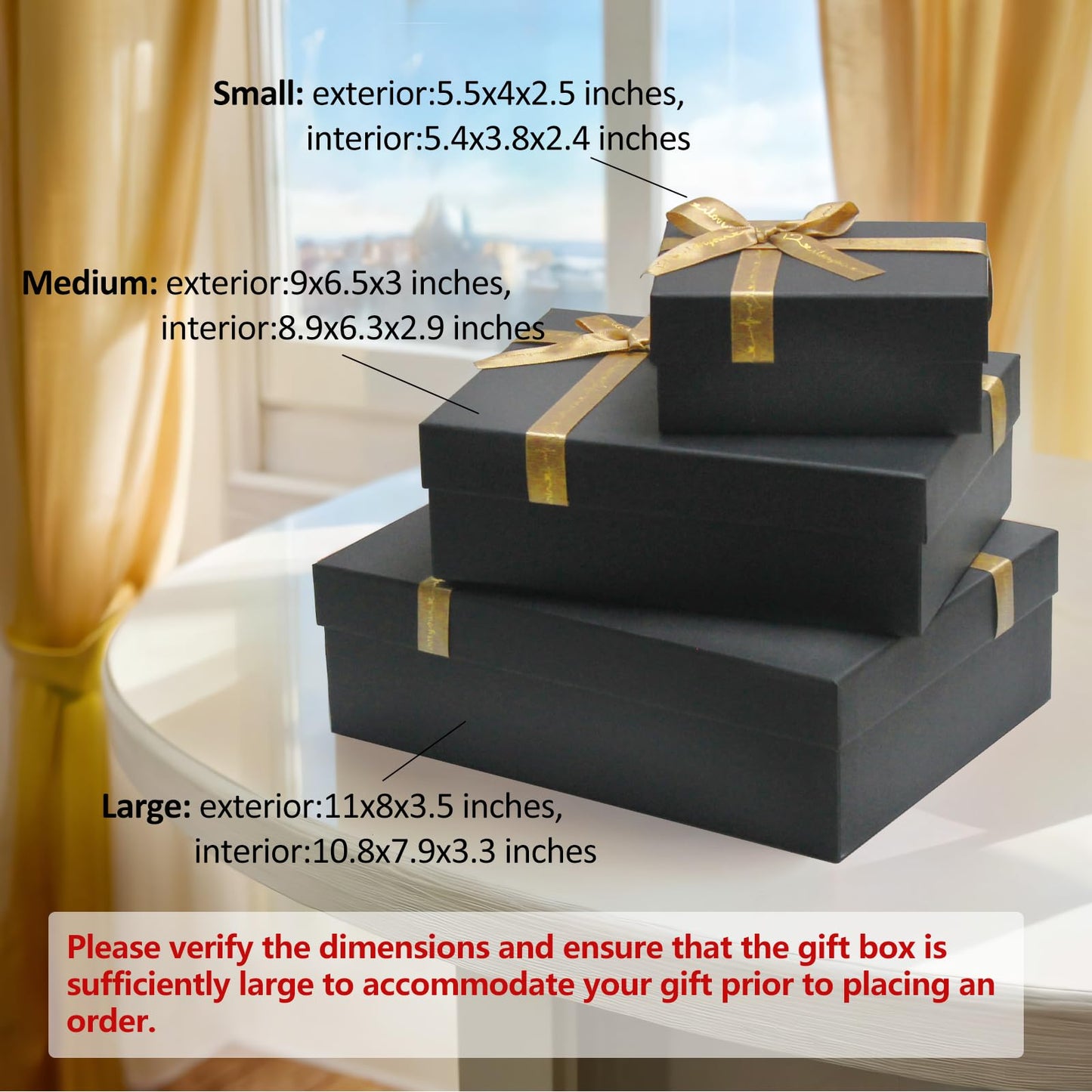 Airuisike Black Gift Boxes with Gold Ribbons & Bows - (3 Sizes) Sturdy Gift Boxes with Lids for Presents - Elegant Gift Wrapping Boxes for Gift Wrapping