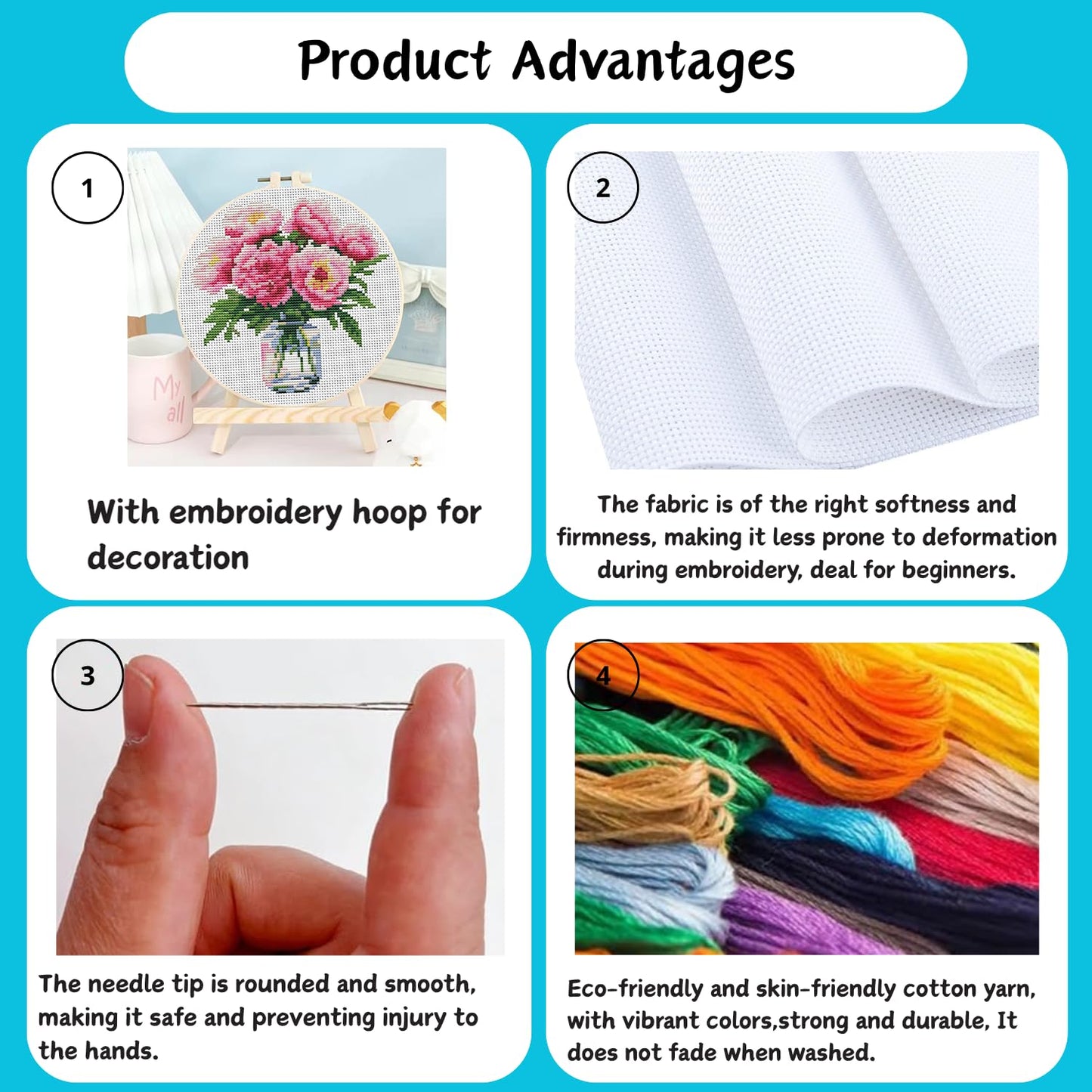 3 Pack Cross Stitch Kits for Beginners, Flower Stamped Cross Stitch Kits for Adults with Embroidery Hoop, Embroidery Kit 11CT Easy Partial Cross-Stitch Arts and DIY Crafts for Adults Home Decor