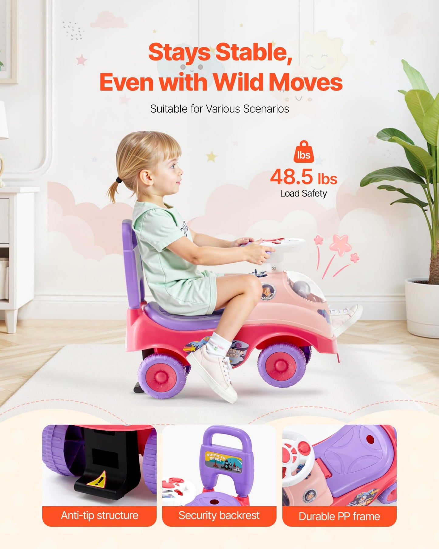 VEVOR Ride On Toddler Push Car, Push Car for Toddler 19 to 36 Months, Kids Ride On Toy with Horn & Music, 48.5 lbs Load Capacity, Under-seat Storage, Foot-to-Floor Walker for Toddlers Boys Girls, Pink