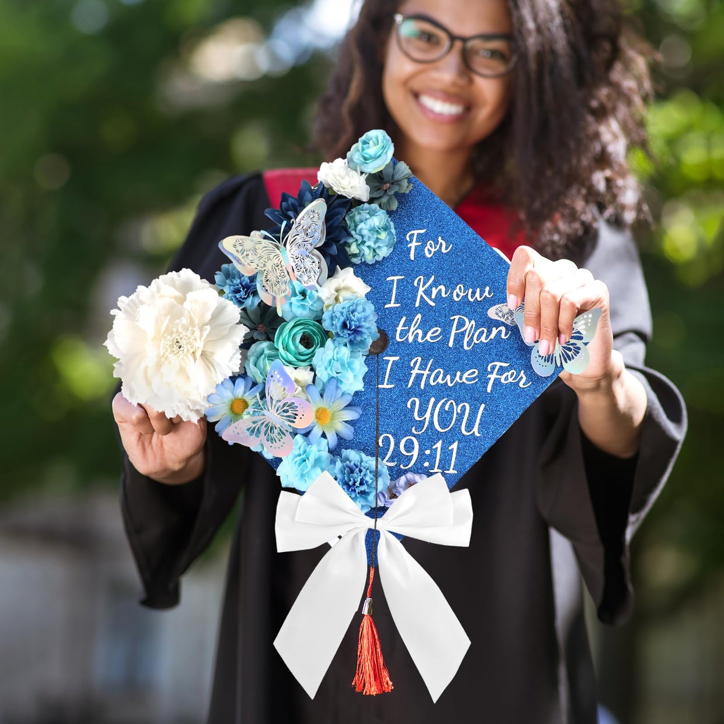 Naozinebi 55 Pcs Blue DIY Graduation Cap Decorations Faux Assorted Flowers blue Bows 3D Butterfly Stickers Glitter Alphabet Letter Number Decals for DIY Hat Grad Cap Topper Graduation Party Supplies