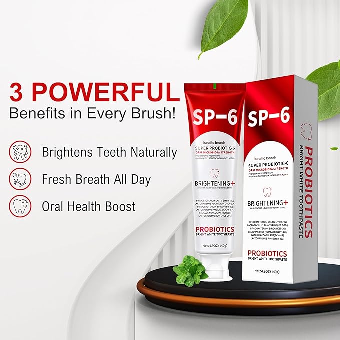 2PCS SP 6 Toothpaste for Teeth Brightening & Fresh Breath, 6 Probiotics Formula for Gum Health, Fluoride-Free, Mint Fresh Flavor, 4.9 oz (3, Mint)