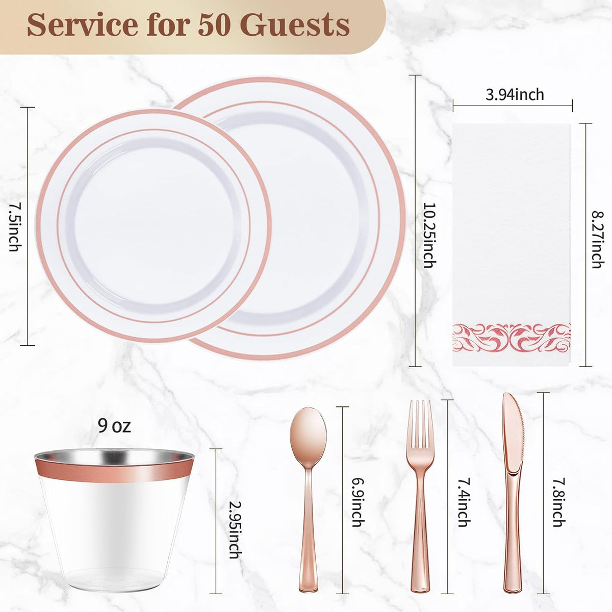 BESTVIP 350PCS Rose Gold Disposable Dinnerware Set for 50 Guests, Plastic Plates for Party, Wedding, Christmas, Halloween, Include: 100 Plastic Plates, 50 Silver Silverware, 50 Cups, 50 Napkins
