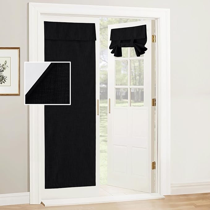 RYB HOME 100% Blackout Door Curtains, Linen Textured Privacy Shades for Classroom French/Nana Door Entrance Way, W 26 x L 69 inches, Textured Black, 1 Panel