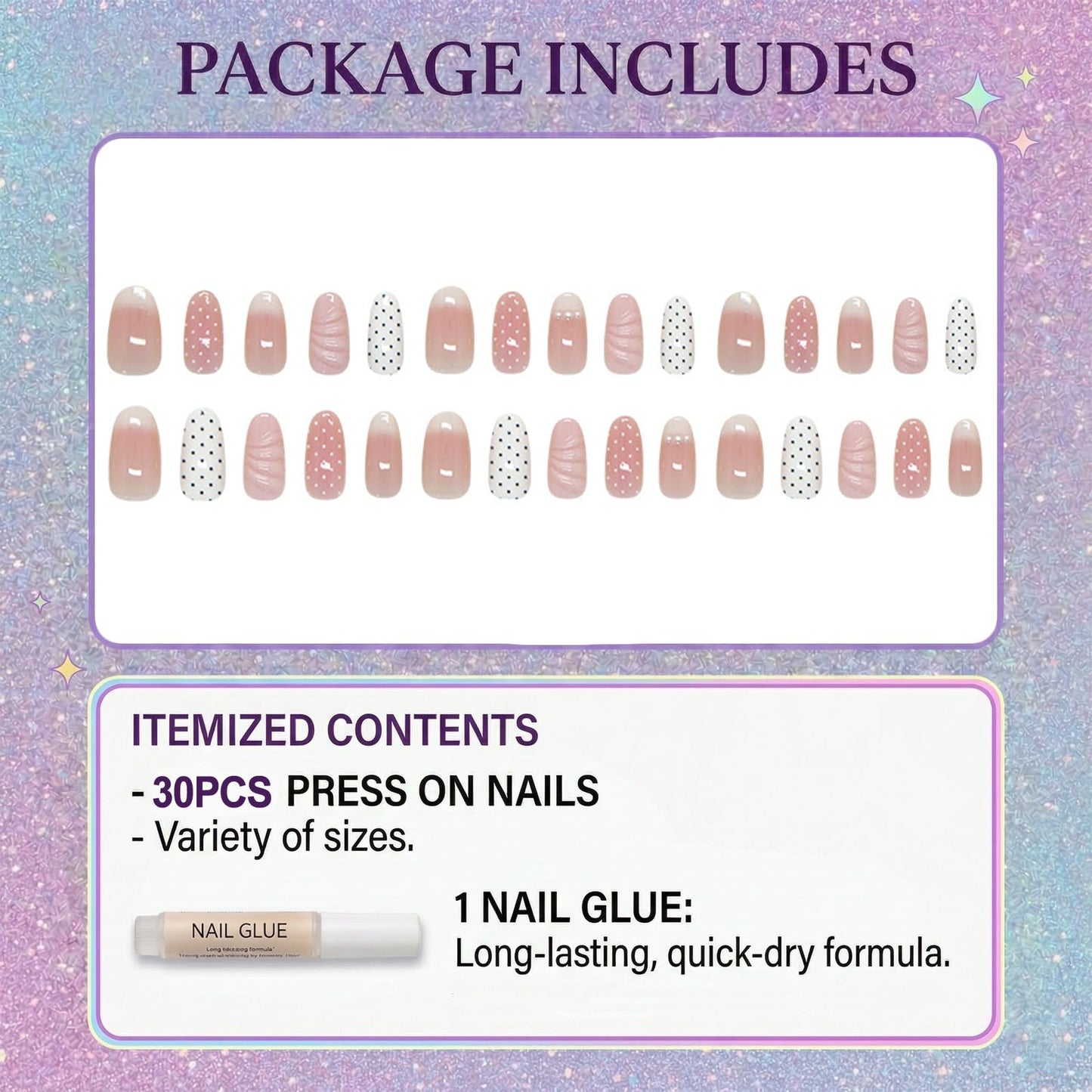 IMRAIN Almond Press on Nails, Medium Fake Nails, Nude Pink 3D Pearl Shell Polka Dot, 30 Pcs Reusable Glue on Nails for Women, Salon Quality