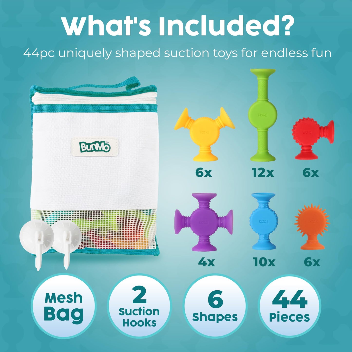 BUNMO Bath Toys Suction - Connect, Build, Create - Bath Toys - Hours of Fun & Creativity - Fine Motor Skills - Stimulating Sensory Toys - Non-Mouthable Toy 3+ - Textured 44 Pack