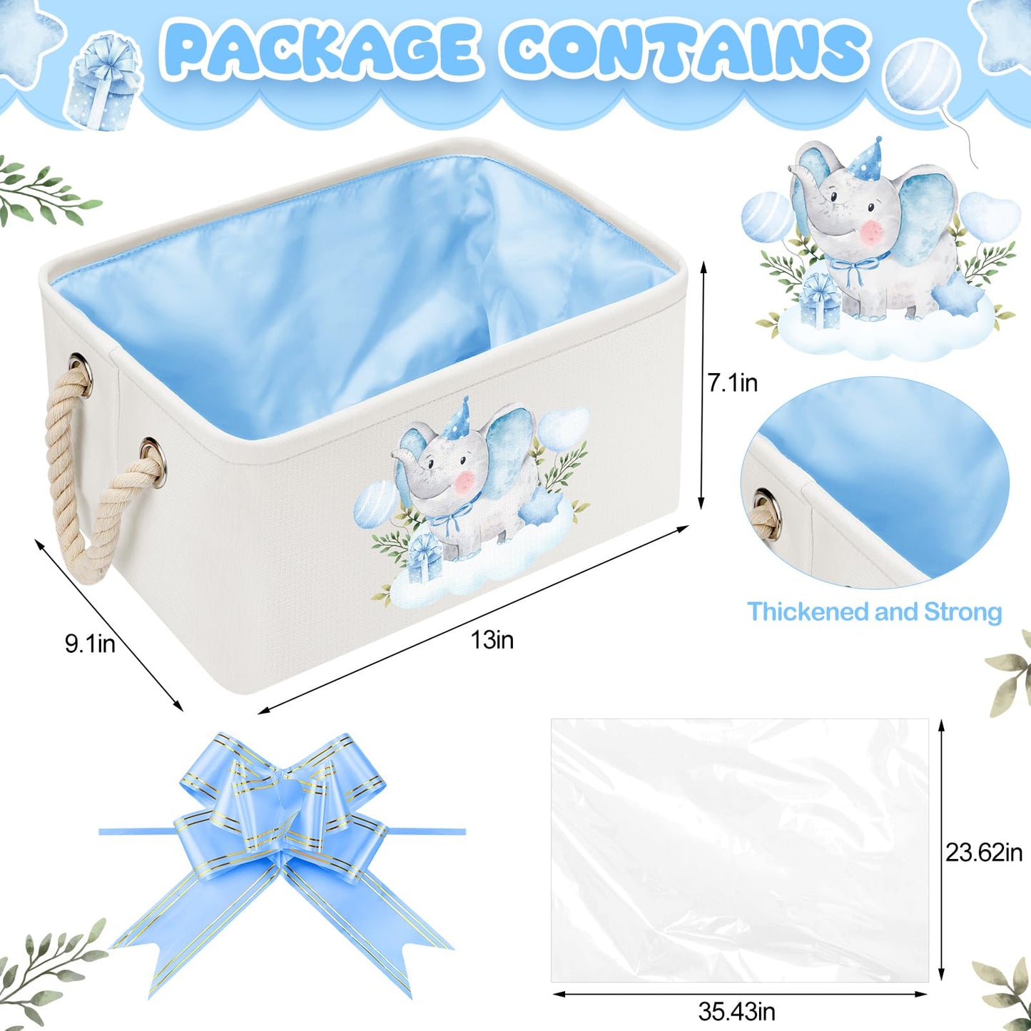 Pickmesh Baby Shower Storage Basket with Gift Bags Rectangular Ribbons Collapsible Canvas Storage Bin with Handles for Diaper Organizing Toy Home DIY Gift Basket, 13 x 9. 1 x 7. 1 Inch(Blue Elephant)