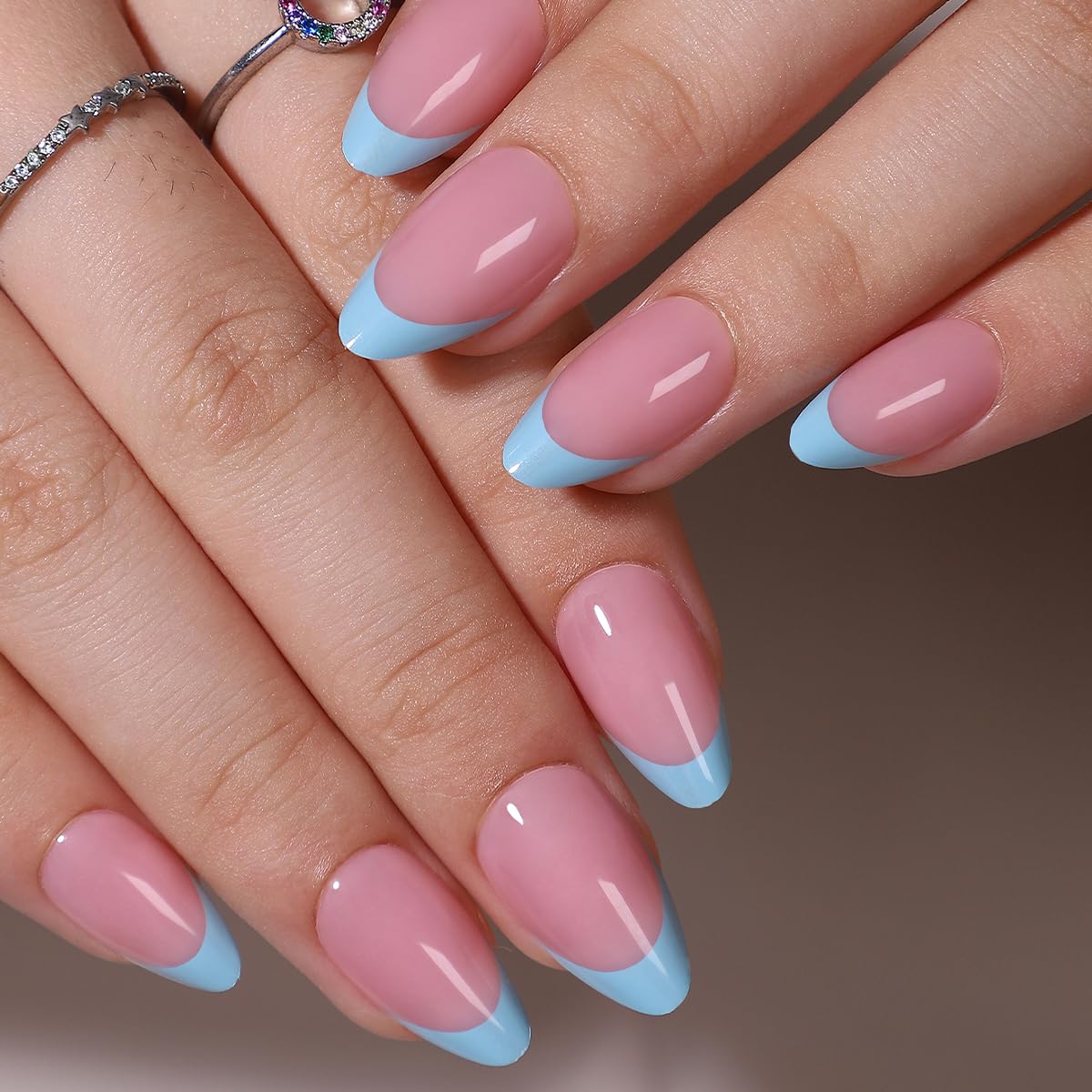 6 Packs (144 Pcs) French Tip Press on Nails Medium Almond Fake Nails 6 Color French Tip False Nails Full Cover Glossy Acrylic Stick on Nail for Women Manicure