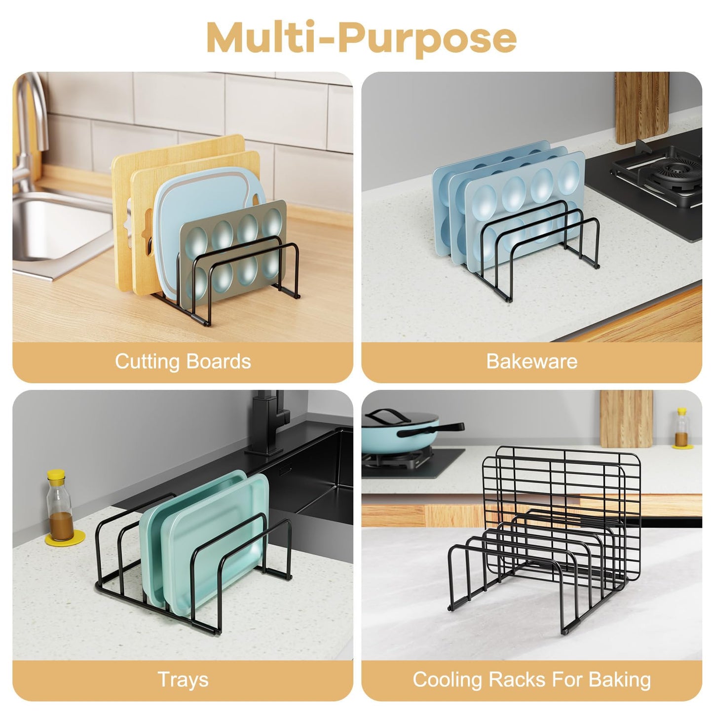 Fikoksol Cutting Board Organizer and Baking Sheet Rack, [2-Pack] Black Heavy Duty Metal Cookie Sheet Organizer for Cutting Board Storage & Plate Holder for Cabinet, Tray Dividers for Cabinets