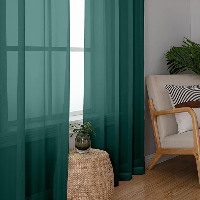 Aiyufeng Hunter Green Sheer Curtain Drapes 72 Inch Length 2 Panels for Living Room, Light Filtering Voile Green Drapes for Bedroom, Patio, Sliding Door, Each 42" W x 72" L