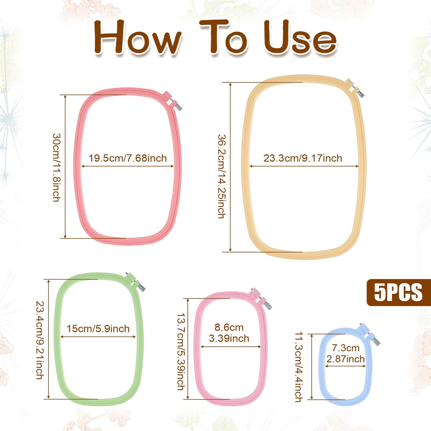 MySHUCE 5 Pack Size Square Embroidery Hoops Set, Plastic Cross Stitch Hoops 5 Inch 6 Inch 10 Inch 12 Inch 15 Inch Reusable Frames Rings for DIY Embroidery Craft Sewing Project (5 Colors)
