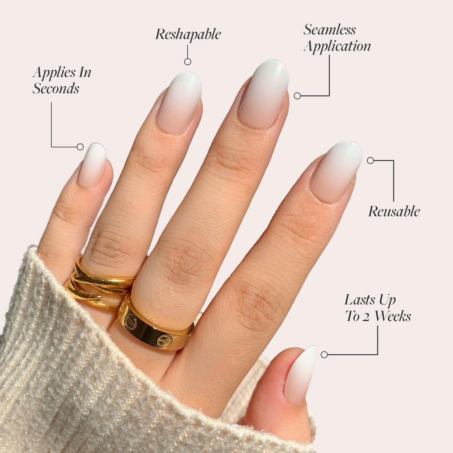 Glamnetic Press-On Nails Bundle - Creamer, Goal Digger & Winter Storm | Neutral Ombre Round | Glossy, Semi-Transparent, Round | Holographic Short Almond Nails | Reusable