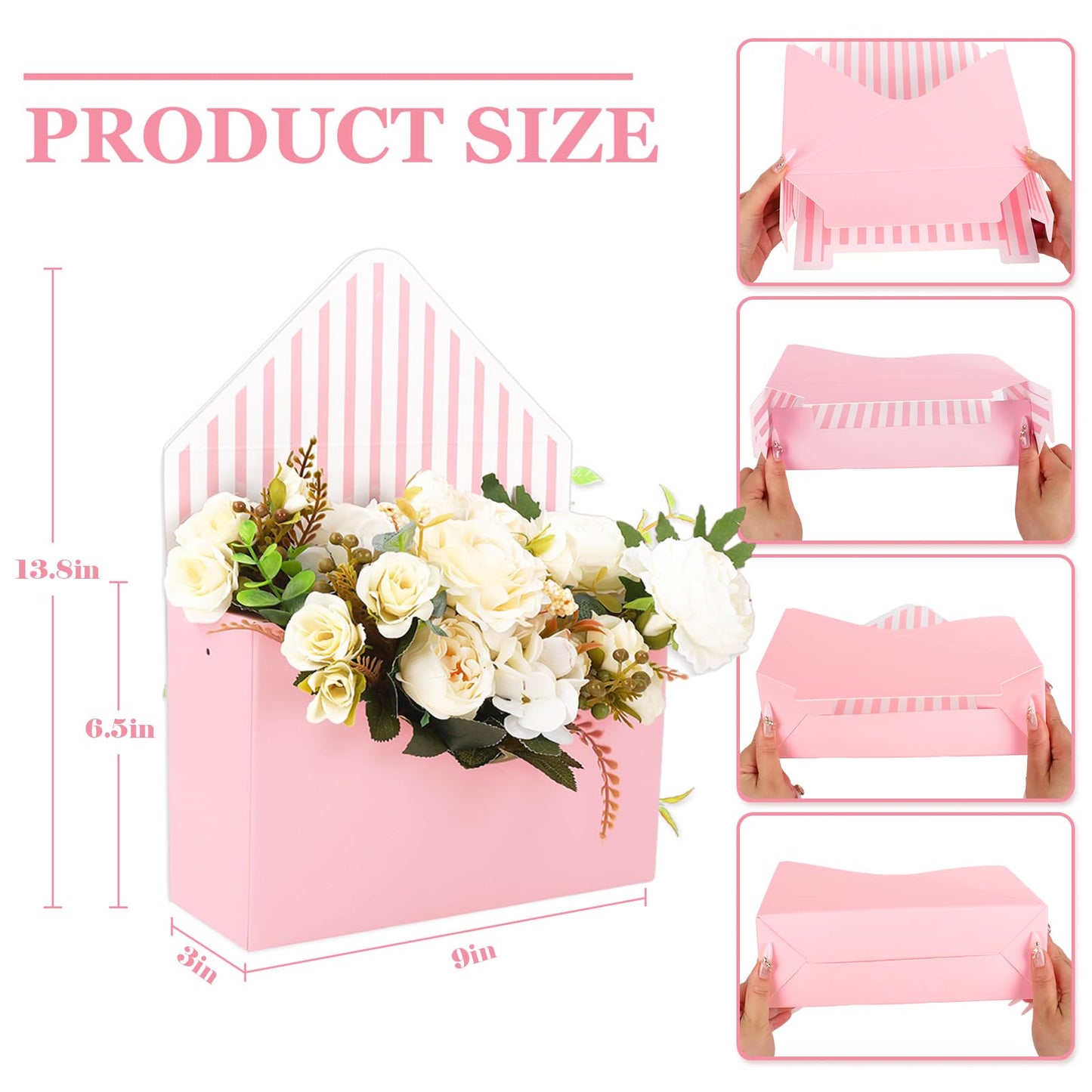 FYSUIMU 12Pcs Mother's Day Floral Envelope Box Empty Flower Stripe Paper Box Florist Bouquet Packaging Box for Valentine's Day Gifts Wedding Birthday Party Arrangements, Pink