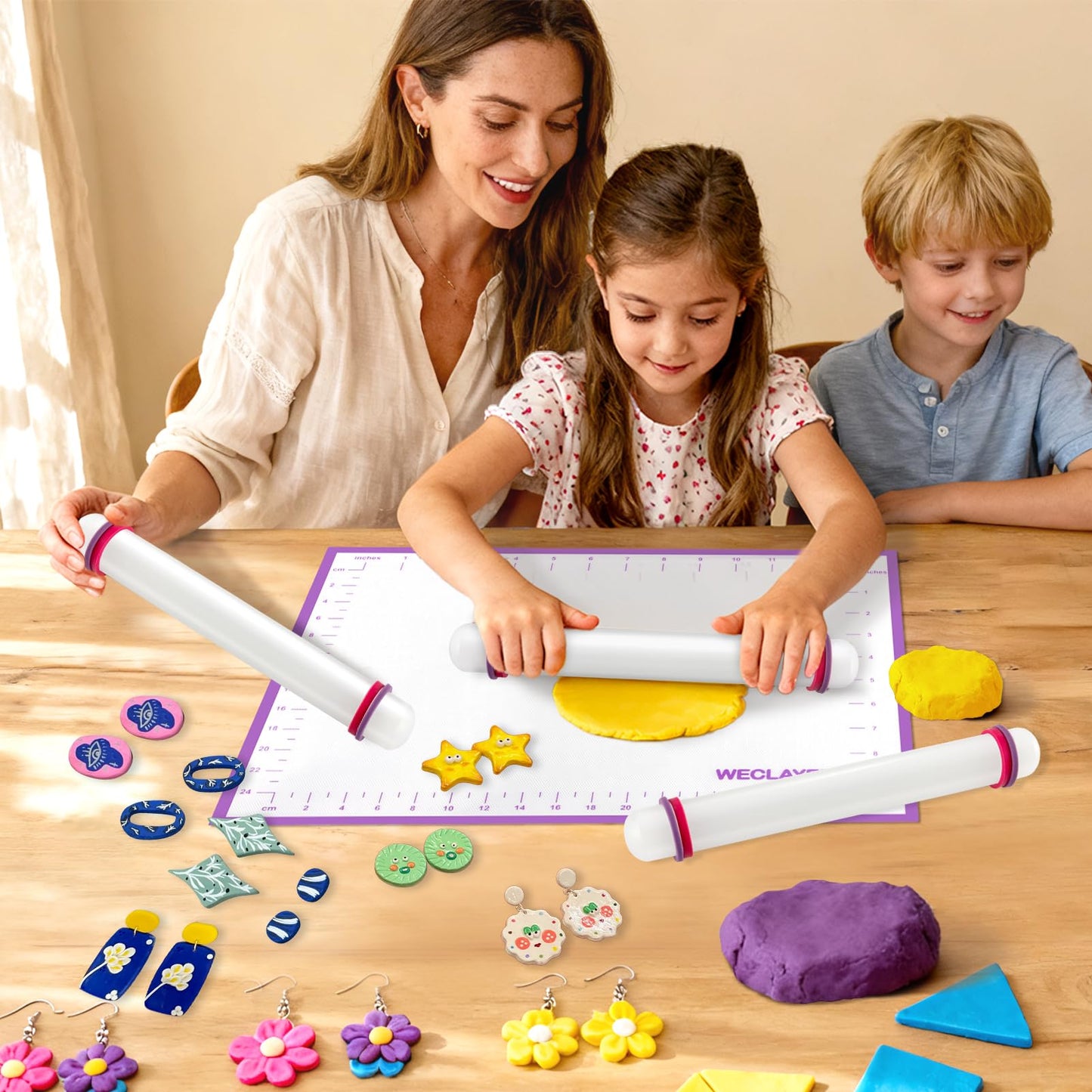WECLAYER Clay Roller with Thickness Rings and 16" x 12" Silicone Clay Mat with Measurement,Oven-Safe Work Mat with Texture,Reusable Silicone Non-skid Pad,Clay Rolling Pin,Polymer Clay Tools