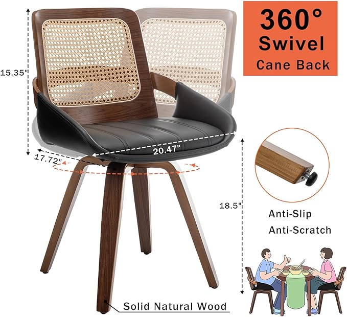 Set of 2 Kitchen & Dining Room Chairs - Swivel Dining Chairs with Cane Back, Walnut Bentwood Frame, Faux Leather Seat, Arms, Versatile for Conference/Kitchen/Restaurant/Living Room (Walnut Black)