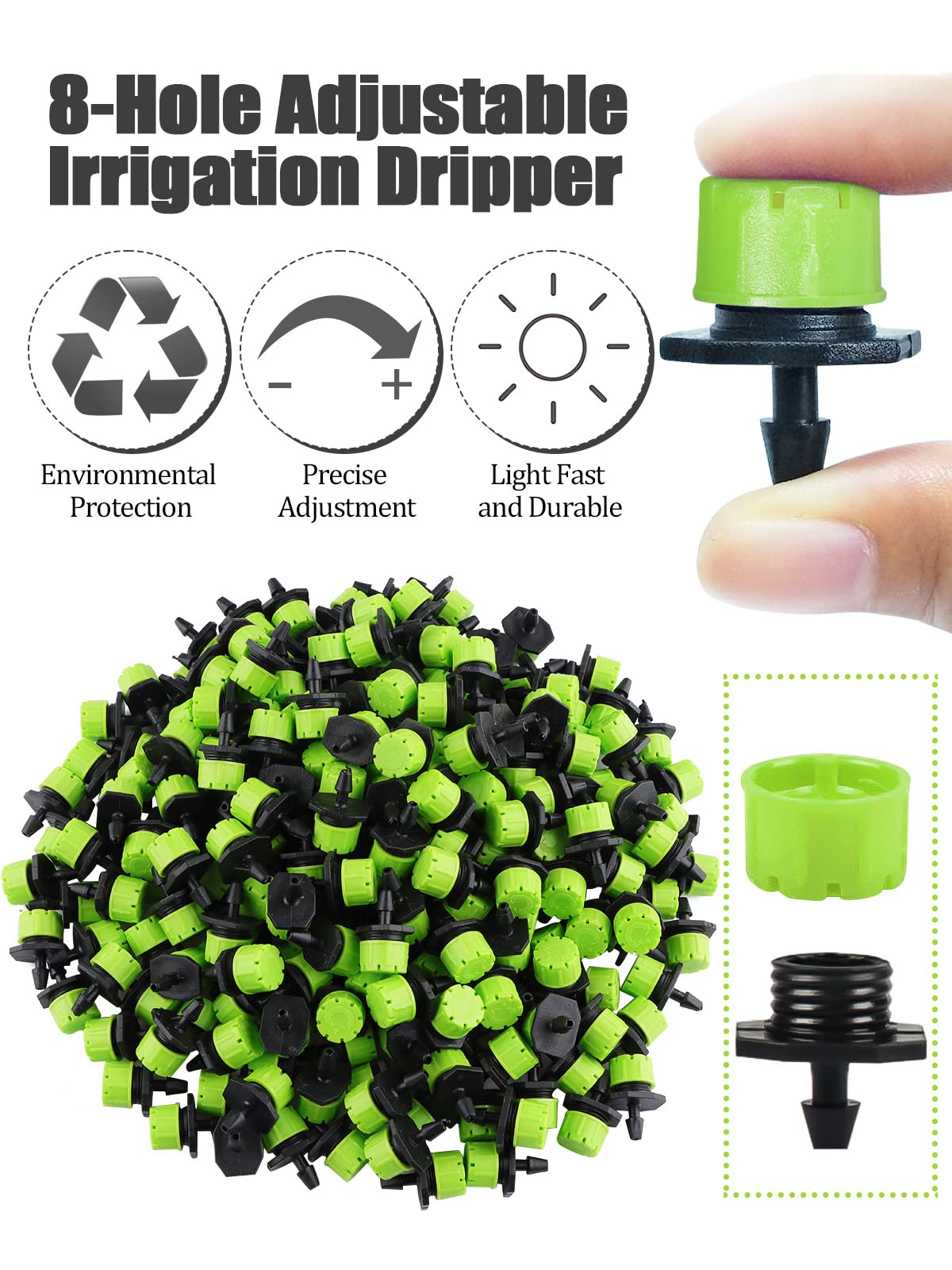 Kalolary 400Pcs Adjustable Irrigation Drippers Parts, 1/4 Inch Automatic Irrigation Anti-Clogging Emitters Micro Ffittings for 4mm/7mm Watering System Drippers Garden Supplies(Green)