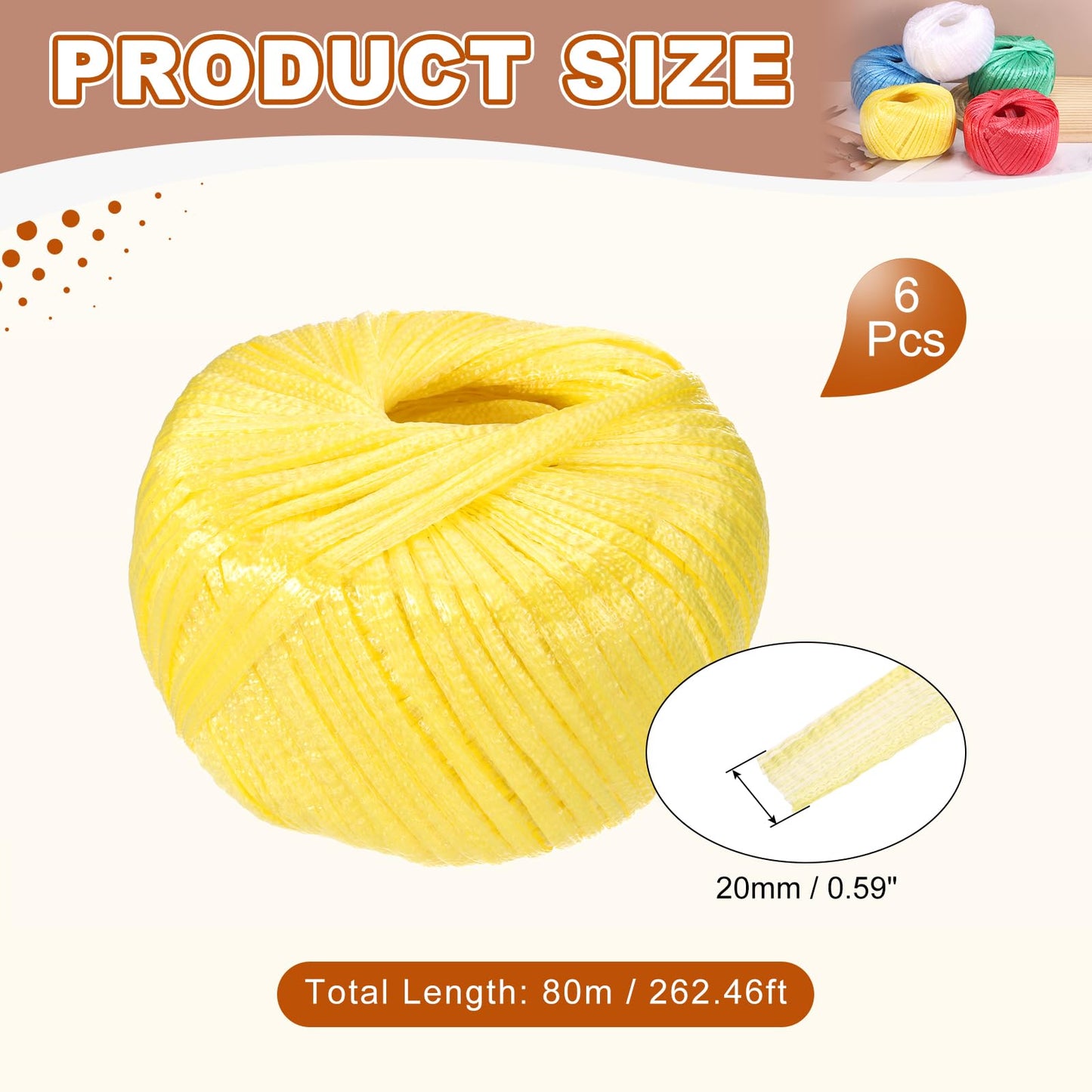 MECCANIXITY 6 Rolls Polyester Nylon Plastic Rope Twine, 80m/262ft Nylon Cord Household Bundled Polypropylene Twine Yarn for Household Gardening Tying Binding Garden Crafts, Yellow