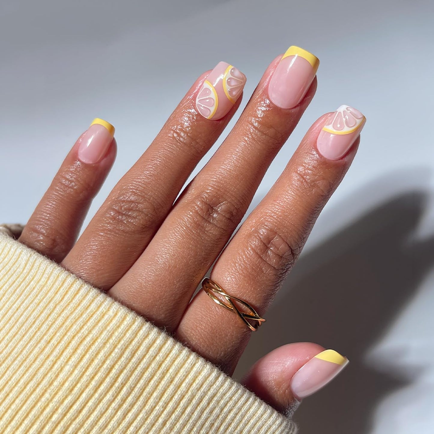 Glamnetic Press On Nails - Short Squoval Fake Nails with French Tips & Lemons | Salon Quality Summer Nails | Limonata |15 Sizes - 30 Nail Kit with Glue