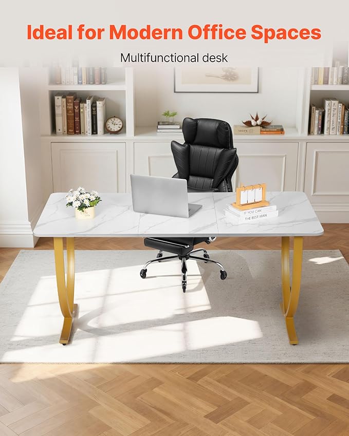 VEVOR Executive Desk, 63" W x 31.5" D Large Office Desk, Modern Computer Table Conference Meeting Room Table, Business Furniture Enlarged Desktop for Home Office, White and Gold