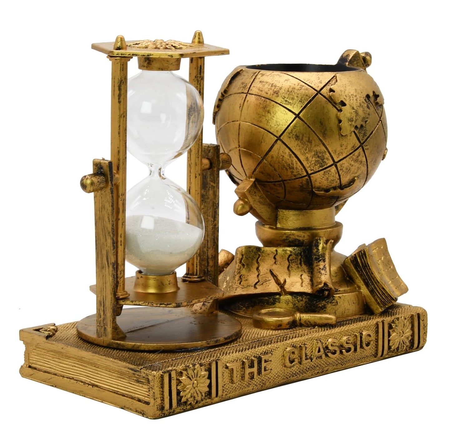 Globe-Themed Pencil Holder with Hourglass, Resin Desktop Organizer for Office & Study, Pen Holder with Sand Timer, Classic Globe Addition Scissors Storage, Artistic Gift for Travel Lovers