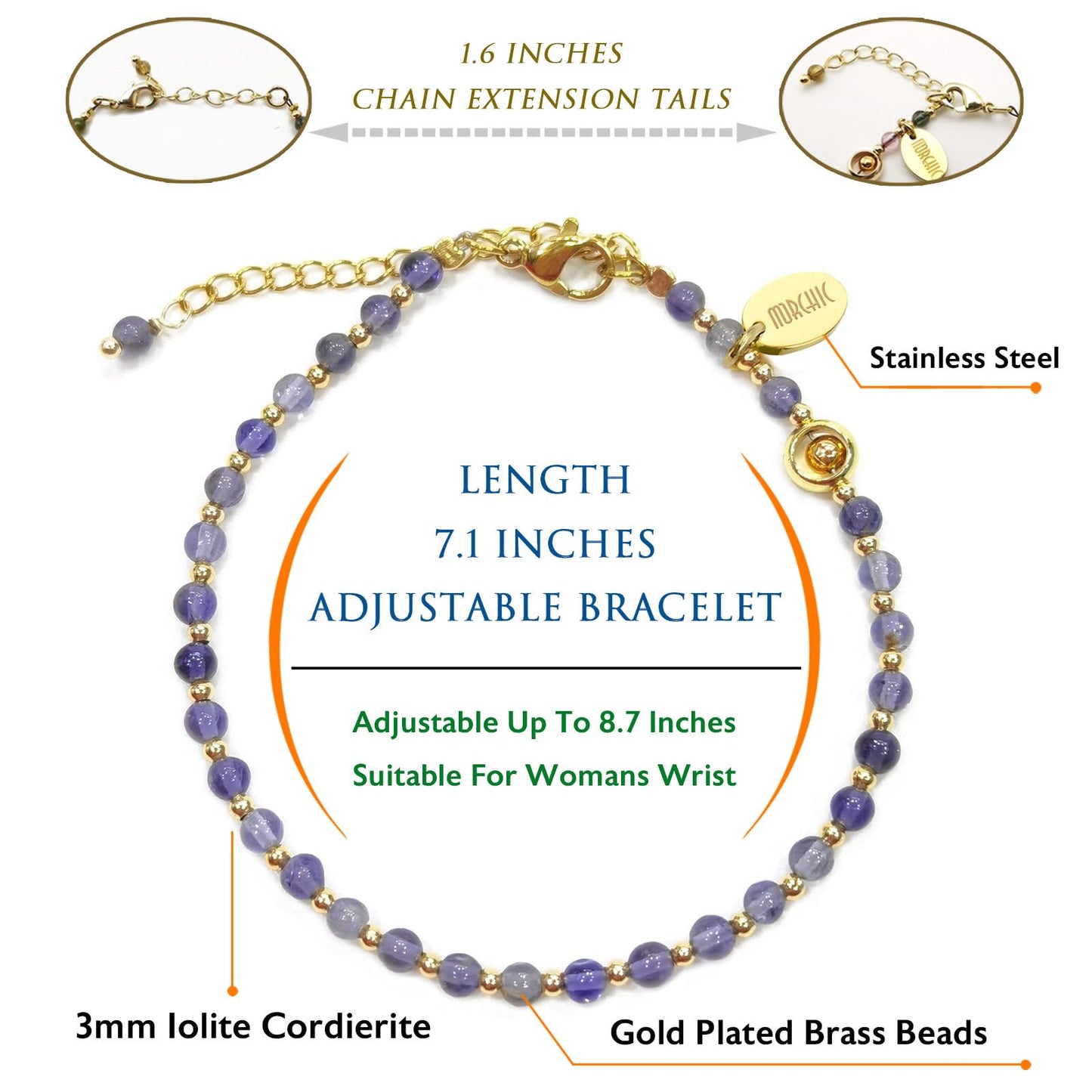Morchic 3mm Blue Iolite Cordierite Natural Gemstone Beaded Bracelet for Women, Dainty Charm Jewelry, Adjustable 7.1-8.6", Ideal Birthday Holiday Gift
