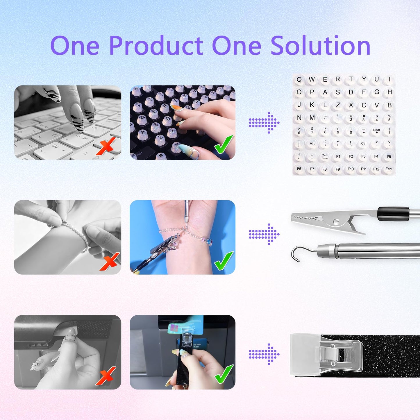 Raisetip Long Nail Helper Tool|Raised Button Keyboard, Jewelry Grabber Tool, Bracelet Helper, Card Grabber, Silicone Lip Brushes – Ideal Gift for Women with Long Nails