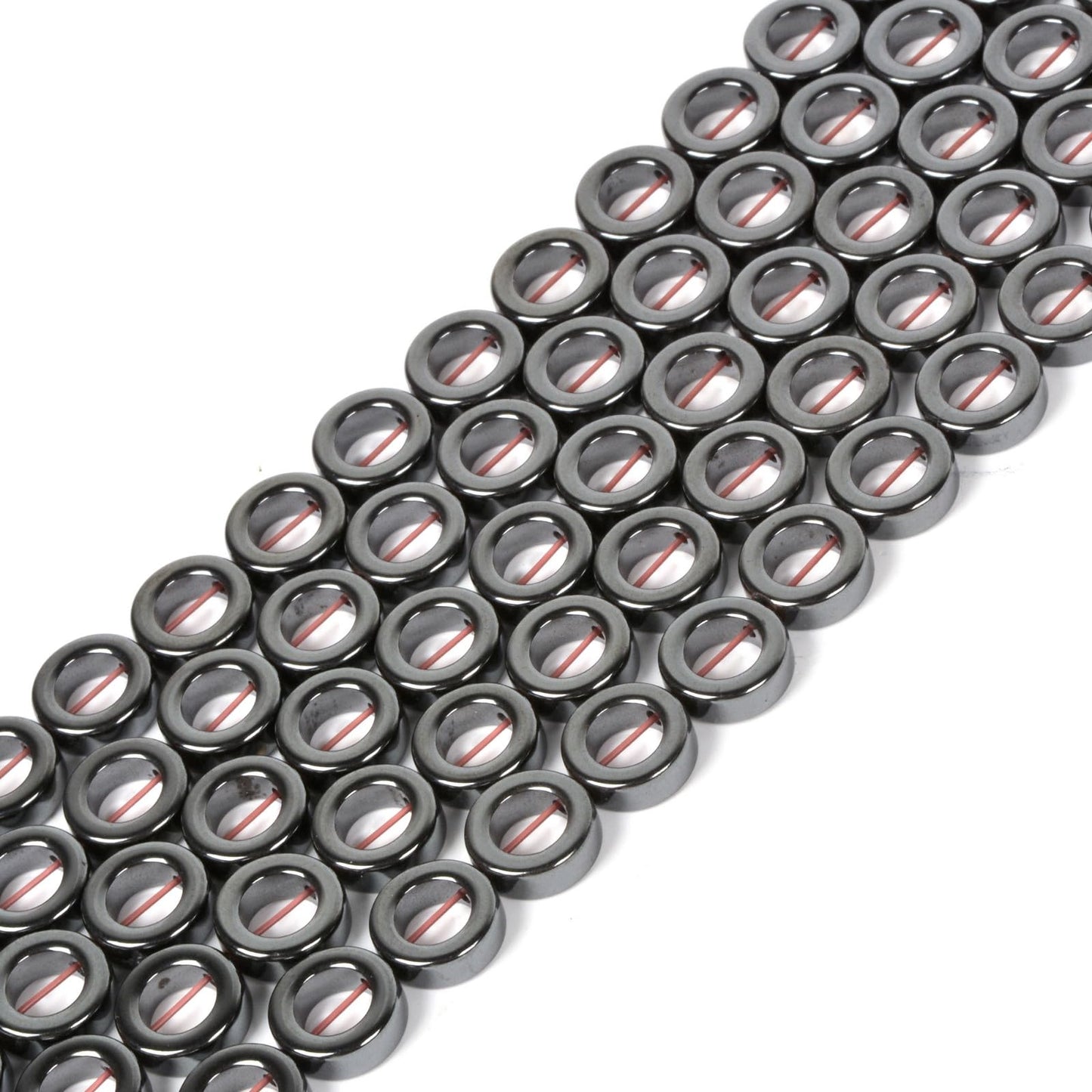 Natural 12mm Hematite Hollow Circle Flat Round Ring Shape Donut Beads Strand 16 Inch for Jewelry Making