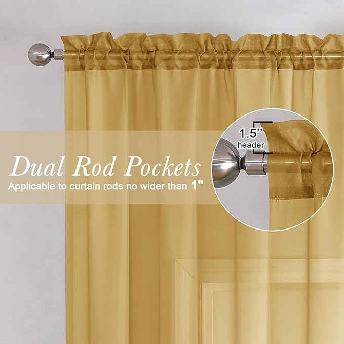 Lecloud Gold Sheer Curtains 63 Inch Length 2 Panels, Airy Light Filtering Voile Curtain Drapes for Bedroom Windows, Dual Rod Pocket Living Room Sheer Curtains Decor, 40 W x 63 L Inches, Gold