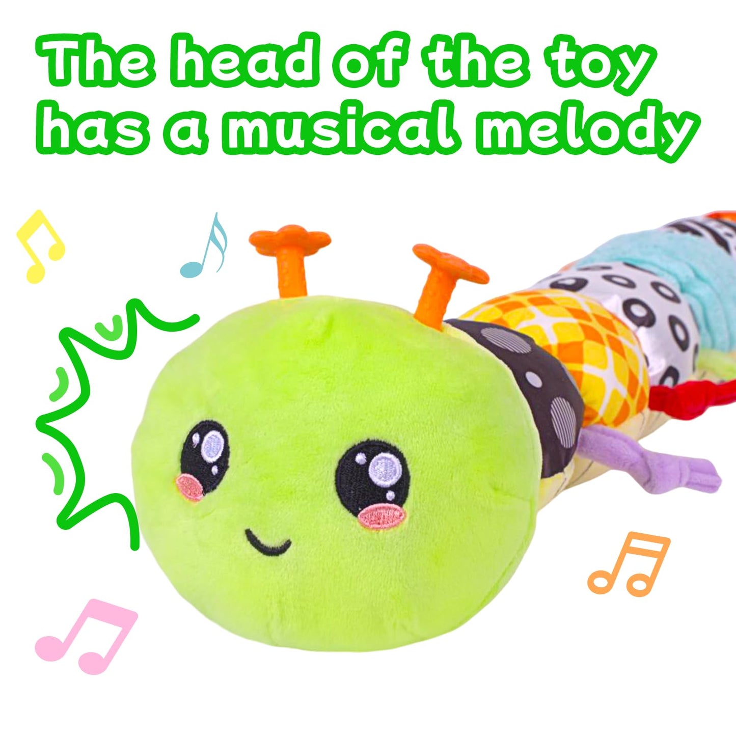 SRICH Baby Musical Plush Caterpillar Toy - 0-12 Months Tummy Time & Head Lifting Soft Sensory Toy, Rattle, Rustling Sounds & Mirror for Boys & Girls