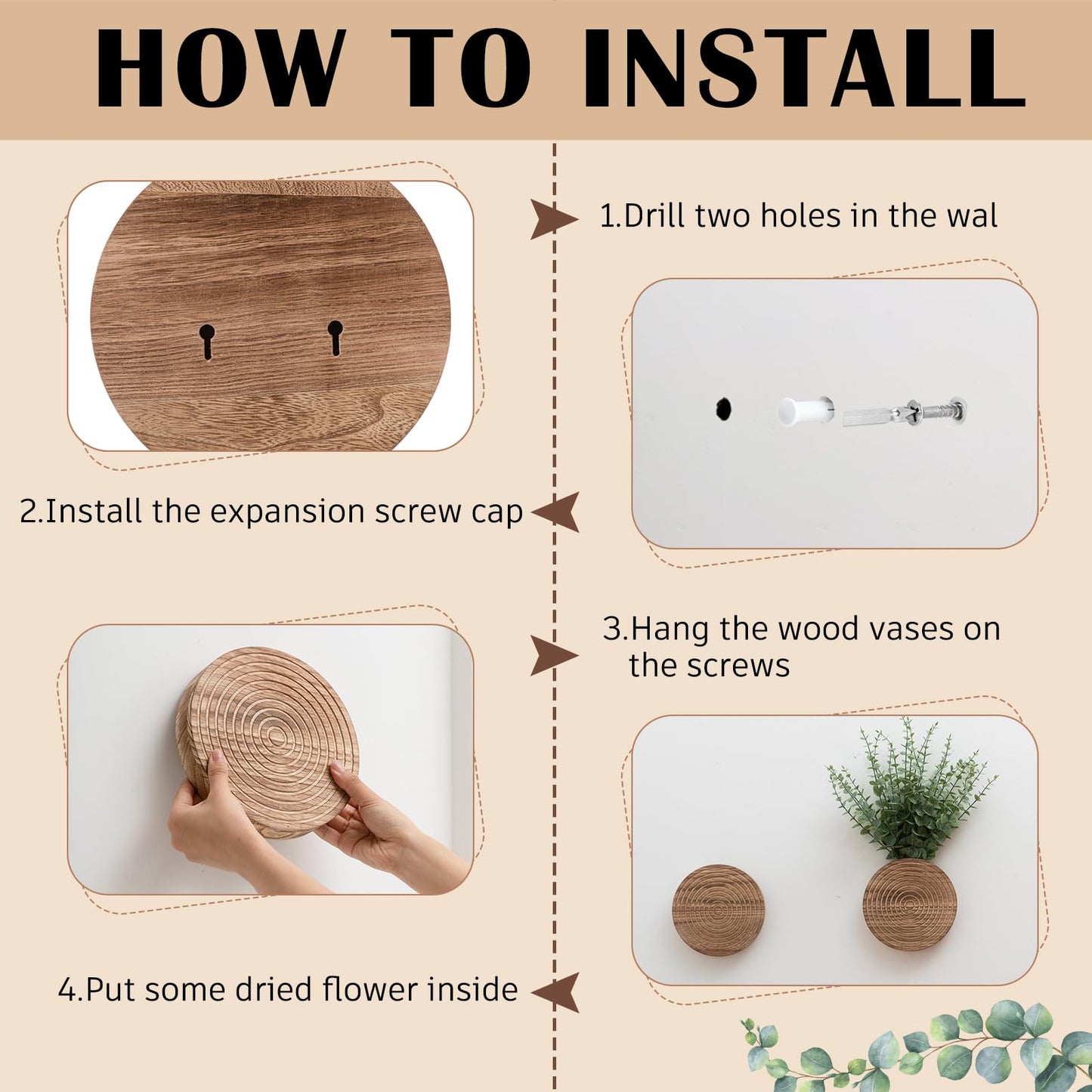 Teecyhooo 2 Pack Wooden Round Wall Vase for Indoor Plants Boho Modern Farmhouse Wall Decoration for Living Room, Bathroom Entryway, Hallway Artificial Flower Plants