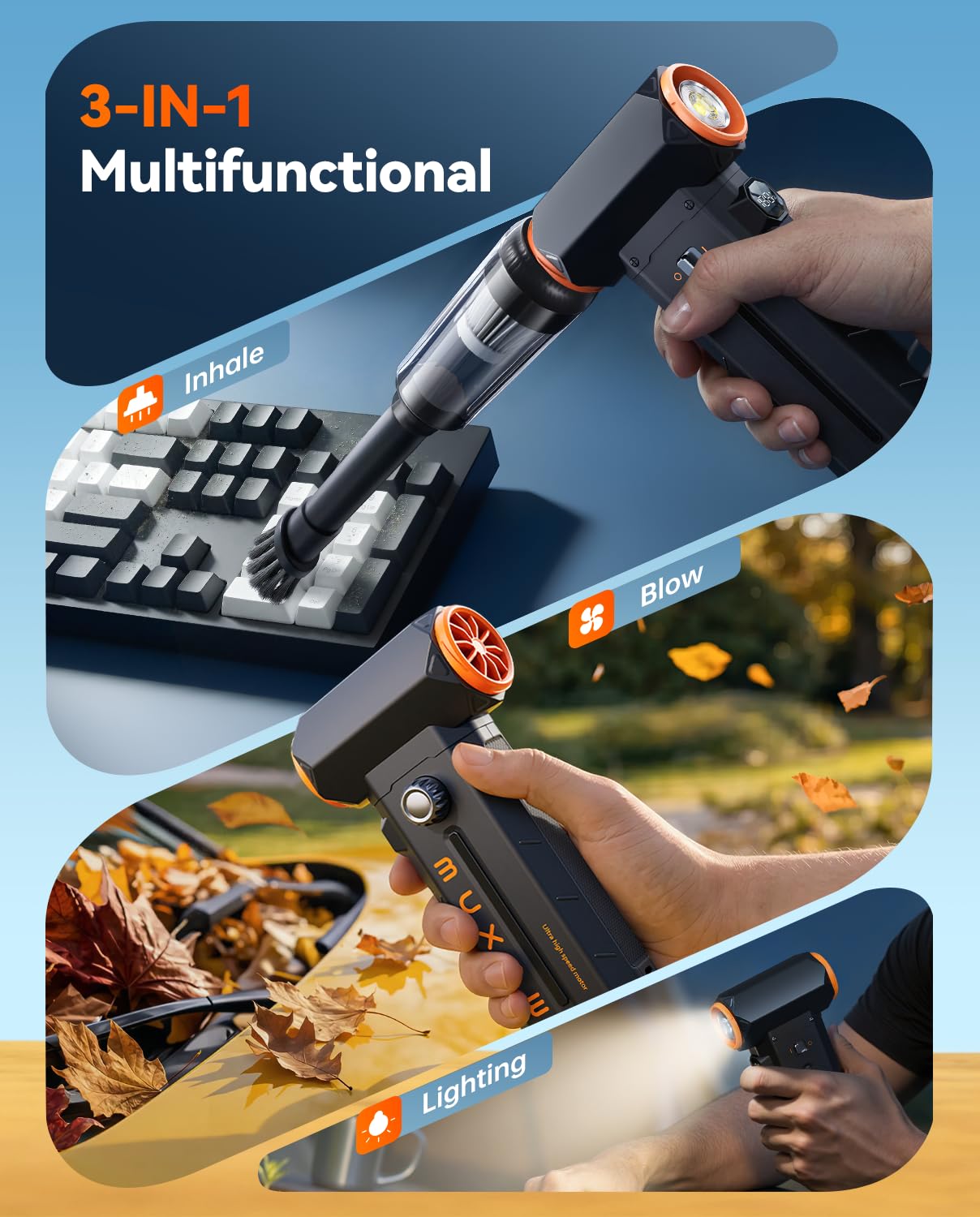 MUXNW Electric Compressed Air Duster: 8000mAh Rechargeable, 100-Speed Adjustable, 3-in-1 Cordless Dust Blower – for Keyboard, PC, Car, BBQ, Ideal Gift for Men
