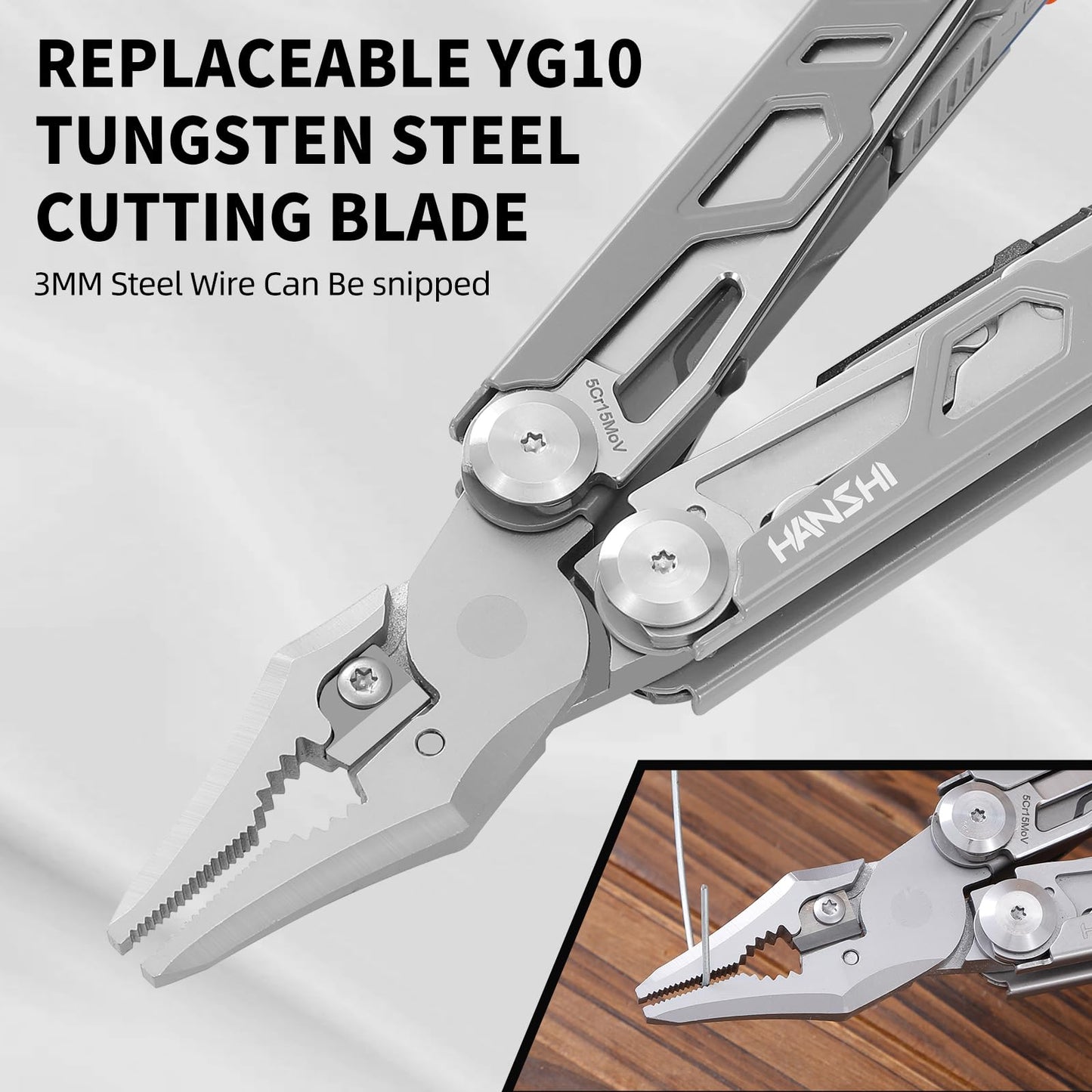 HANSHI Multitool Pliers, 22-in-1 YG10 Tungsten Steel Multi Tool with Scissors,Replaceable Wire Cutters, Flint, Window Breaker, Back Clip,Ideal for Camping, Survival and Gift(Silver)